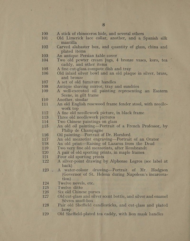 100 101 102 103 104 105 106 107 108 109 110 111 112 113 114 115 116 117 118 119 120 121 122 123 124 125 126 127 128 120 8 A stick of rhinoceros hide, and several others Old Limerick lace collar, another, and a Spanish silk mantilla Carved alabaster box, and quantity of glass, china and plated items An antique Persian table cover Two old pewter cream jugs, 4 bronze vases, koro, tea ~ caddy, and other items A fine cut-glass.compote dish and tray Old inlaid silver bowl and an old plaque in silver, brass, and bronze A set of old furniture handles ; Antique shaving mirror, tray and sundries A well-executed oil painting representing an Eastern Scene, in gilt frame Another, similar An old English rosewood frame fender stool, with needle- work top A fine old needlework picture, in black frame Three old needlework pictures Two Chinese paintings on glass An old oil painting—Portrait of a French Professor, by Philip de Champagne Oil painting—Portrait of Dr. Horsford An old mezzotint engraving—Portrait of an Orator An old print—Kaising of Lazarus from the Dead Two very fine old mezzotints, after Kembrandt A pair of old sporting prints, in maple frames Four old sporting prints A silver-point drawing by Alphonse Legros (see label at back) A water-colour drawing—Portrait of Mr. Hodgson (Governor of St. Helena during Napoleon’s incarcera- tion) Twelve novels, etc. Twelve ditto Six old Chinese purses Old cut-glass and silver scent bottle, and silver and enamel Sevres snuffi-box Pair old Sheffield candlesticks, and cut-glass ‘ata plated lama Old Sheffield-plated tea caddy, with lion mask handles