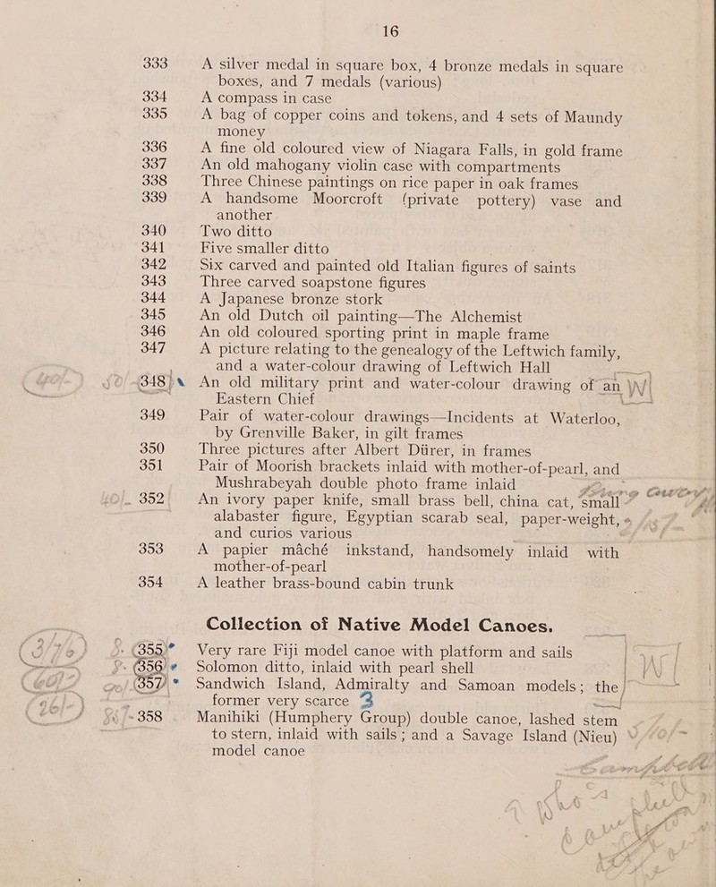 333 A silver medal in square box, 4 bronze medals in square boxes, and 7 medals (various) 334 A compass in case 335 A bag of copper coins and tokens, and 4 sets of Maundy money 336 A fine old coloured view of Niagara Falls, in gold frame 337 An old mahogany violin case with compartments 338 Three Chinese paintings on rice paper in oak frames 339 A handsome Moorcroft (private pottery) vase and another 340 Two ditto 341 Five smaller ditto 342 Six carved and painted old Italian figures of saints 343 Three carved soapstone figures 344 A Japanese bronze stork 345 An old Dutch oil painting—The Alchemist 346 An old coloured sporting print in maple frame 347 A picture relating to the genealogy of the Leftwich ae and a water-colour drawing of Leftwich Hall 2 348) An old military print and water-colour drawing of an Wy jung Eastern Chief LA 349 Pair of water-colour drawings—Incidents at Waterloo, by Grenville Baker, in gilt frames 350 ihree pictures aiter Albert Durer, in frames 351 Pair of Moorish brackets inlaid with mother-of- -pearl, and Mushrabeyah double photo frame inlaid yi. 352 An ivory paper knife, small brass bell, china cat, Sani alabaster figure, Egyptian scarab seal, paper- weight, * and curios various Sea 56 a 353 A papier maché inkstand, handsomely inlaid with mother-of-pearl : 354 A leather brass-bound cabin trunk » Cete% Collection of Native Model Canoes. Very rare Fiji model canoe with platform and sails = Solomon ditto, inlaid with pearl shell | ¥\ Sandwich Island, Admiralty and Samoan models ; He} 2 former very scarce, teen} Manihiki (Humphery Group) double canoe, lashed See to stern, inlaid with sails; and a Savage Island (Nieu) * model canoe 