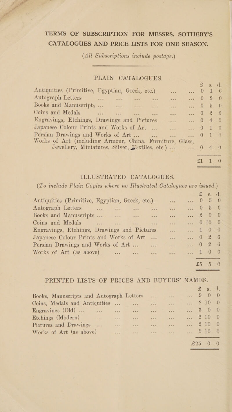 “i Se nih! TERMS OF SUBSCRIPTION FOR MESSRS, SOTHEBY’S CATALOGUES AND PRICE LISTS FOR ONE SEASON. (All Subscriptions include postage.)   PLAIN CATALOGUES. pm See Antiquities (Primitive, hae Greek, etc.) 0 ae Autograph Letters =e f Os 2 Books and Manuscripts ... 0. 2530 Coins and Medals 0°? wal Kingravings, Etchings, vara and nacre OS a Japanese Colour Prints and Works of Art 0 SIe( Persian Drawings and Works of Art . tee Be Works of Art (including Armour, China, Furniture, Glass, Jewellery, Miniatures, Silver, Zoxtiles, etc.) . 0: 456 SiS bsa ILLUSTRATED CATALOGUES. (To include Plain Copies where no Illustrated Catalogues are issued.) d. Antiquities (Primitive, Sear Greek, ny () Autograph Letters ee Books and Manuscripts ... Coins and Medals Kngravings, Etchings, aes and “Taine Japanese Colour Prints and Works of Art Persian Drawings and Works of Art ... Works of Art (as above) HKHOoOOr Ow ooOnm Joa, rca Cor rere Oo &gt; SONOS 2 = Books, Manuscripts and Autograph Letters + “oe Coins, Medals and Antiquities ... Peas oo oe ke 2a Engravings (Old) ... 3 Etchings (Modern) g Pictures and Drawings ae ao oe hey ee Works of Art (as above) ie, ec co A eal