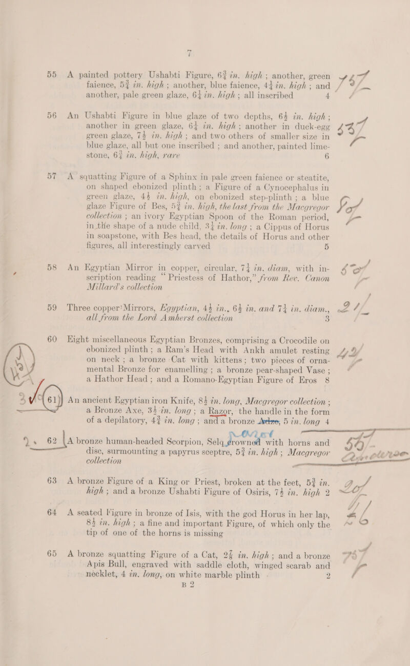 Lae ( 55 &lt;A painted pottery Ushabti Figure, 6? 7. high ; another, green another, pale green glaze, 64 7n. high; all imseiidl 4 56 An Ushabti Figure in blue glaze of two depths, 64 in. high; another in green glaze, 64 in. high; another in duck-egg green glaze, 74 in. high ; and two others of smaller size in blue glaze, all but one inscribed ; and another, painted lime- stone, 6% 7n. high, rare 6 57 A squatting Figure of a Sphinx in pale green faience or steatite, on shaped ebonized plinth; a Figure of a Cynocephalus in ereen glaze, 44 in. high, on ebonized step-plinth; a blue glaze Fivuxe of Bes, 5 in. high, the last from the Macgregor collection ; an ivory Egyptian Spoon of the Roman period, in the Bhepe of a nude child, 34 in. long ; a Cippus of Horus in soapstone, with Bes head, the details of Horus and other figures, all interestingly carved 5 58 An Egyptian Mirror in copper, circular, 74 in. diam, with in- scription reading “ Priestess of Hathor,” from Rev. Canon Millard’s collection 59 Three copper'Mirrors, Kgyptian, 44 in., 64 in. and Tt in. diam., all from the Lord Amherst collection 3 Hight miscellaneous Egyptian Bronzes, comprising a Crocodile on ebonized plinth; a Ram’s Head with Ankh amulet resting on neck ; a bronze Cat with kittens; two pieces of orna- mental Bronze for enamelling ; a bronze pear-shaped Vase ; a Hathor Head ; and a Romano-Egyptian Figure of Eros 8 An ancient Egyptian iron Knife, 83 in. long, Macgregor collection ; a Bronze Axe, 34:in. long: a Razor, the handle in the form of a depilatory, 42 7n. long ; and a prone note 5in.long 4 NAME a+ 62 [4 bronze human-headed Scorpion, Selq eae 1a horns and disc, surmounting a papyrus sceptre, 53 in. high; Macgregor collection  rte y aie 63 A bronze Figure of a King or Priest, broken at the feet, 5% en. high ; and a bronze ehAbei Mieure of Osiris, 74 in. high 2 64 A a igure in bronze of Isis, with the god Horus in her lap, of one of the horns is missing 65 A bronze squatting Figure of a Cat, 2§ in. high; and a bronze Apis Bull, engraved with sadalé stot ee, scarab and - necklet, 4 72. long, on white marble evnth ; 2 mn oD —_ AAP A Lof z f jp © a