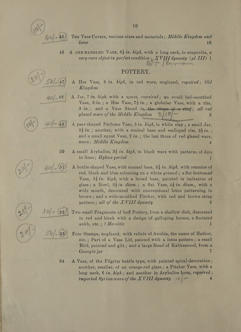 10 ) 45) Ten Vase Covers, various sizes and materials ; Aliddle Kingdom and later 10 46 A ONE-HANDLED VASE, 847n. high, with a long neck, in aragonite, a very rare objectin perfect condition ; ERE? NG Si) ITT) |\ ; ly /* | K : POTTERY. Kingdom 48) A Jar, Tin. high, with a spout, repairéd; an ovoid bell-mouthed Vase, 67n.; a Hes Vase, 7$2n.; a globular Vase, with a rim, 3 in.; and a Vase Stand in theshape-ef&lt;aering’; all red glazed ware of the Middle Kingdom © jf 0} Fz 5 } pe) ; el ~ 49) A pear-shaped Perfume Vase, 52n. high, in white clay ; a small Jar, 24 in. ; another, with a conical base and scalloped rim, 247n. ; and a small squat Vase, 2 277.; the last three of red glazed ware, worn; Middle Kingdom 4 50 &lt;Asmall Aryballos, 33 in. high, in black ware with patterns of dots in lines; Hyksos period 1 (51) A bottle-shaped Vase, with conical base, 54 in. high, with remains of = red, black and blue colouring on a white ground ; a fiat-bottomed Vase, 34in. high, with a broad base, painted in imitation of | glass; a Bowl, 247n. diam.; a flat Vase, 44 in. diam., with a wide mouth, decorated with conventional lotus patterning in brown; and a wide-mouthed Pitcher, with red and brown strap pattern; all of the X VILL dynasty 5 Two small Fragments of buff Pottery, from a shallow dish, decorated in red and black with a design of pellopines horses, a floriated ankh, ete.; ? Meroitic 1 ) 53) Four Stamps, unglazed, with reliefs of Anubis, the name of Hathor, os etc.; Part of a Vase Lid, painted with a lotus pattern ; a small Bird, painted and gilt; and a large Head of Kabhsennuf, from a Canopic jar 7 54 &lt;A Vase, of the Pilgrim bottle type, with painted spiral decoration ; another, smaller, of an orange-red glaze ; a Pitcher Vase, with a long neck, 6 in. high; and another in Aryballos form, repaired ,