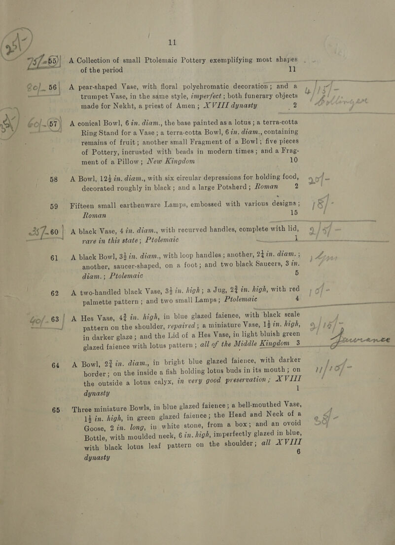 Zo) 56| Wi reat ay) ‘bol.67 4 y oc Nad f 58 59 Gof _ 63 ; . F a 64 65. EI A Collection of small Ptolemaic Pottery exemplifying most shapes of the period 11 A pear-shaped Vase, with floral polychromatic decoration ; and a trumpet Vase, in the same style, ¢mperfect ; both funerary objects made for Nekht, a priest of Amen; XY VI/J dynasty rs A conical Bowl, 6 in. diam., the base painted as a lotus ; a terra-cotta Ring Stand for a Vase; a terra-cotta Bow], 6 in. diam., containing remains of fruit; another small Fragment of a Bowl; five pieces of Pottery, incrusted with beads in modern times; and a Frag- ment of a Pillow; New Kingdom ; 10 A Bowl, 124 in. diam., with six circular depressions for holding food, decorated roughly in black; and a large Potsherd ; Loman 2 Fifteen small earthenware Lamps, embossed with various designs ; Roman 15 A black Vase, 4 in. diam., with recurved handles, complete with lid, rare in this state; Ptolemaic PD 1 A black Bowl, 347i. diam., with loop handles ; another, Q1in. diam. ; another, saucer-shaped, on a foot; and two black Saucers, 3 in. diam. ; Ptolemaic 5 A two-handled black Vase, 34 in. high; a Jug, 22 in. high, with red palmette pattern ; and two small Lamps; Ptolemaic 4 pattern on the shoulder, repaired ; a miniature Vase, 1d in. high, in darker glaze; and the Lid of a Hes Vase, in light bluish green A Bowl, 23 in. diam., in bright blue glazed faience, with darker border; on the inside a fish holding lotus buds in its mouth; on the outside a lotus calyx, i very good preservation; AX VIII dynasty 1 Three miniature Bowls, in blue glazed faience; a bell-mouthed Vase, 14 in. high, in green glazed faience; the Head and Neck of a Goose, 2 7n. long, in white stone, from a box; and an ovoid Bottle, with moulded neck, 6 in. high, imperfectly glazed in blue, dynasty 6 