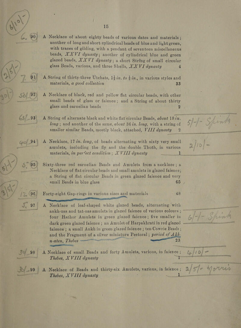Te a ao\/ Jo} 0?) é5/_. 93) J CFO 94) ~~ \ 4“ |} ie. oh ¢\'\ eee: SO) a | fd oi al, ond 3of_ 98 | te, ages Jef -99 | 15 A Necklace of about eighty beads of various dates and materials ; another of longand short cylindrical beads of blue and light green, with traces of gilding, with a pendant of seventeen miscellaneous beads, XX VI dynasty; another of cylindrical blue and. green glazed beads, XX VJ dynasty; a short String of small circular glass Beads, various, and three Shells, YY VI dynasty 4 A String of thirty-three Utchats, 14 in. to $2n., in various styles and materials, a good collection 5 A Necklace of black, red and yellow flat circular beads, with other small beads of glass or faience; and a String of about thirty glass and carnelian beads 2 A String of alternate black and white flat circular Beads, about 18in. long ; and another of the same, about 36 in. long, with a string of smaller similar Beads, mostly black, attached, ViJI dynasty 2 A Necklace, 17 in. dong, of beads alternating with sixty very small amulets, including the fly and the double Thoth, in various materials, 22 per*ect condition; X VIII dynasty . vs} Sixty-three red carnelian Beads and Amulets from a necklace; a Necklace of flat circular beads and small amulets in glazed faience; a String of flat circular Beads in green glazed faience and very small Beads in blue glass 65 Forty-eight Gap-rings in various sizes and materials 48 A Necklace of leaf-shaped white glazed beads, alternating with ankh-uas and tat-uasamuletsin glazed faience of various colours ; four Hathor Amulets in green glazed faience; five smaller in faience ; a small Ankh in green glazed faience ; ten Cowrie Beads; and the Fragment of a silver miniature Pectoral ; period of ALh- n-aten, Thebes meer nnceeseen® wees, gg 205, Thebes, X VIII dynasty I A Necklace of Beads and thirty-six Amulets, various, in faience ; ac eT re NS a -— r | : 5 w ~ - — casero al aN oe &gt; 7 - - 4 cc ea TATE — 2: ~ ae one = Se ieee ania ileal nyt OF aden ee ph tc ae »  = } F) pe : 7 el , Fal ? Le , lode Wy Yu. y 4 j ; 