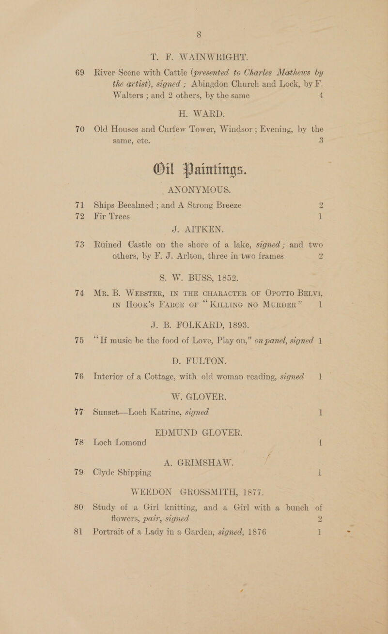 69 70 71 72 13 74 75 76 17 78 79 80 81 8 Leo, WAIN WRG IT River Scene with Cattle (presented to Charles Mathews by the artist), signed ; Abingdon Church and Lock, by F. Walters ; and 2 others, by the same 4 H. WARD. Old Houses and Curfew Tower, Windsor ; Evening, by the same, etc. 3 Oil Paintings. _ ANONYMOUS. Ships Becalmed ; and A Strong Breeze 2 Fir Trees : l J. AITKEN. Ruined Castle on the shore of a lake, stzgned; and two others, by F. J. Arlton, three in two frames 2 S. W. BUSS, 1852. Mr. B. WEBSTER, IN THE CHARACTER OF OPOTTO BELVI, IN Hoox’s Farce or “ KittiInc No MurpDER” 1 J. B. FOLKARD, 1893. ‘Tf music be the food of Love, Play on,” on panel, signed 1 D. FULTON. Interior of a Cottage, with old woman reading, signed = 1 W. GLOVER. Sunset—Loch Katrine, szgned 1 EDMUND GLOVER. Loch Lomond | A. GRIMSHAW. 4 Clyde Shipping 1 WEEDON GROSSMITH, 1877. Study of a Girl knitting, and a Girl with a bunch of flowers, pair, signed 2 Portrait of a Lady in a Garden, segned, 1876 ]