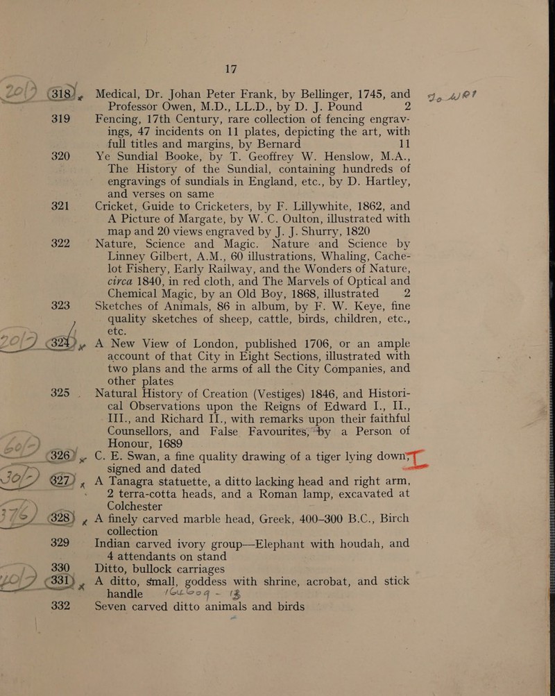 321 322  17 Medical, Dr. Johan Peter Frank, by Bellinger, 1745, ss Professor Owen, M:D., LL.D., by D. J. Pound Fencing, 17th Century, rare collection of fencing ah ings, 47 incidents on 11 plates, depicting the art, with full titles and margins, by Bernard 11 Ye Sundial Booke, by T. Geoffrey W. Henslow, M.A., The History of the Sundial, containing hundreds of engravings of sundials in England, etc., by D. Hartley, and verses on same Cricket, Guide to Cricketers, by F. Lillywhite, 1862, and A Picture of Margate, by W. C. Oulton, illustrated with map and 20 views engraved by J. J. Shurry, 1820 Nature, Science and Magic. Nature and Science by Linney Gilbert, A.M., 60 illustrations, Whaling, Cache- lot Fishery, Early Railway, and the Wonders of Nature, ciyca 1840, in red cloth, and The Marvels of Optical and Chemical Magic, by an Old Boy, 1868, illustrated 2 Sketches of Animals, 86 in album, by F. W. Keye, fine . quality sketches of sheep, cattle, birds, children, etc., Otc. A New View of London, published 1706, or an ample account of that City in Eight Sections, illustrated with two plans and the arms of all the City Companies, and other plates Natural History of Creation (Vestiges) 1846, and Histori- cal Observations upon the Reigns of Edward I., II., III., and Richard II., with remarks upon their faithful Counsellors, and False Favourites, “by a Person of Honour, 1689 alk signed and dated Pa Tanagra statuette, a ditto lacking head and right arm, 2 terra-cotta heads, and a Roman lamp, excavated at Colchester A finely carved marble head, Greek, 400-300 B.C., Birch collection Indian carved ivory group—Elephant with houdah, and 4 attendants on stand Ditto, bullock carriages A ditto, small, goddess with shrine, acrobat, and stick a eatte 1Cu Coz q- (% Seven carved ditto animals and birds a J, er 