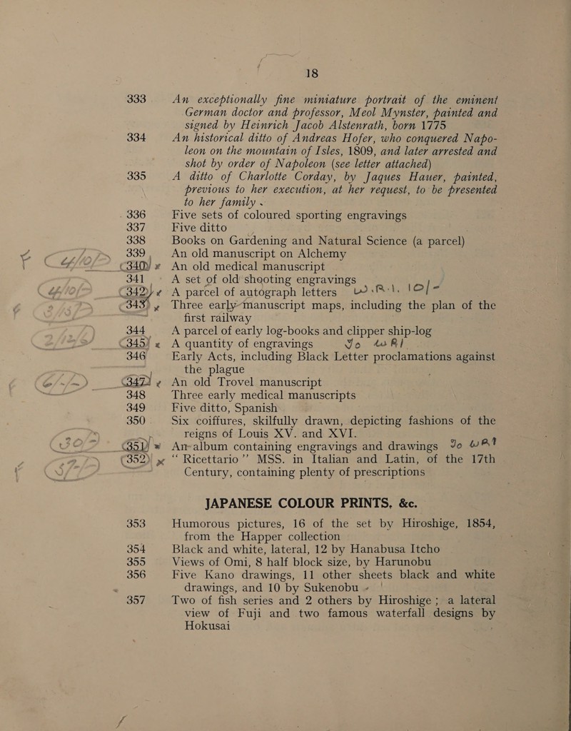 =v 333 334 An exceptionally fine miniature portrait of the eminent German doctor and professor, Meol Mynster, painted and signed by Heinrich Jacob Alstenrath, born 1775 An historical ditto of Andreas Hofer, who conquered Napo- leon on the mountain of Isles, 1809, and later arrested and shot by order of Napoleon (see letter attached) A ditto of Charlotte Corday, by Jaques Hauer, painted, previous to her execution, at her request, to be presented to her family . Five sets of coloured sporting engravings Five ditto Books on Gardening and Natural Science (a parcel) An old manuscript on Alchemy An old medical manuscript A set of old’ sheoting engravings A parcel of autograph letters LR, 1O/= Three early~manuscript maps, including the plan of the first railway A parcel of early log-books and clipper ship-log A quantity of engravings Jo 4 RI Early Acts, including Black Letter proclamations against the plague An old Trovel manuscript Three early medical manuscripts Five ditto, Spanish Six coiffures, skilfully drawn, depicting fashions of the reigns of Louis XV. and XVI. Amalbum containing engravings and drawings oe wat Century, containing plenty of prescriptions JAPANESE COLOUR PRINTS, &amp;c. Humorous pictures, 16 of the set by Hiroshige, 1854, from the Happer collection Black and white, lateral, 12 by Hanabusa Itcho Views of Omi, 8 half block size, by Harunobu Five Kano drawings, 11 other sheets black and white drawings, and 10 by Sukenobu ~ Two of fish series and 2 others by Hiroshige ; a lateral view of Fuji and two famous waterfall designs by Hokusai