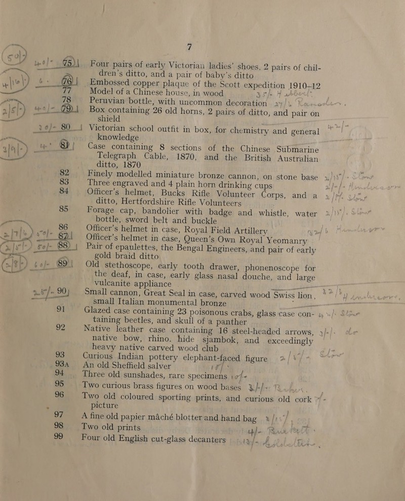 Four pairs of early Victorian ladies’ shoes, 2 pairs of chil- dren's ditto, and a pair of baby’s ditto Embossed copper plaque of the Scott expedition 1910-12 Model of a Chinese house, in wood 35 f+ 4 f Peruvian bottle, with uncommon decoration 2 /\, %« shield Victorian school outfit in box, for chemistry and general knowledge Case containing 8 sections of the Chinese Submarine Telegraph Cable, 1870, and the British Australian ditto, 1870 Finely modelled miniature bronze cannon, on stone base Three engraved and 4 plain horn drinking cups Officer’s helmet, Bucks Rifle Volunteer Corps, and a ditto, Hertfordshire Rifle Volunteers Forage cap, bandolier with badge and whistle, water bottle, sword belt and buckle Officer’s helmet in case, Royal Field Artillery y Officer’s helmet in case, Queen’s Own Royal Yeomanry Pair of epaulettes, the Bengal Engineers, and pair of early gold braid ditto Old stethoscope, early tooth drawer, phonenoscope for vulcanite appliance . a Small cannon, Great Seal in case, carved wood Swiss lion, small Italian monumental bronze taining beetles, and skull of a panther | Native leather case containing 16 steel-headed arrows, native bow, rhino. hide sjambok, and exceedingly heavy native carved wood club Curious Indian pottery elephant-faced figure 2/3 An old Sheffield salver se Three old sunshades, rare specimens ) &gt;/- . } Two curious brass figures on wood bases b//- picture A fine old papier maché blotter and hand bag .3/ts/., Two old prints uppe Ravr Four old English cut-glass decanters - )y.
