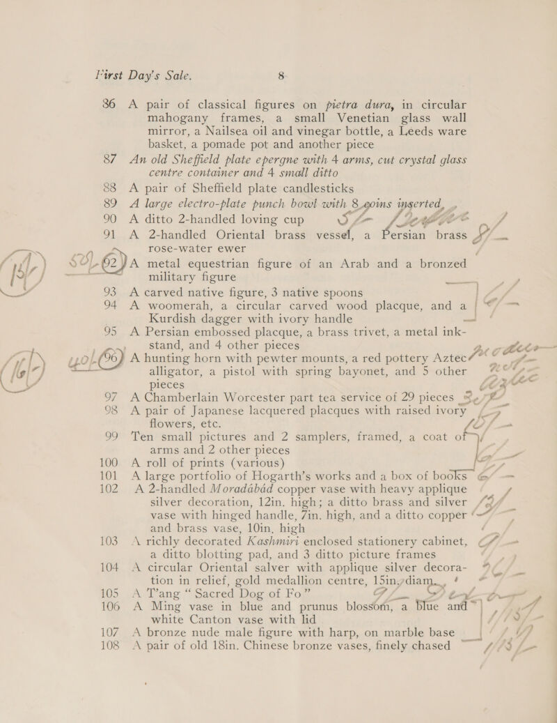 36 &lt;A pair of classical figures on pietra dura, in circular mahogany frames, a small Venetian glass wall mirror, a Nailsea oil and vinegar bottle, a Leeds ware basket, a pomade pot and another piece 87 An old Sheffield plate epergne with 4 arms, cut crystal glass centre container and 4 small ditto 88 &lt;A pair of Shefheld plate candlesticks 89 A large electro-plate punch bowl with 8 Q0ms wserted, , : 90 &lt;A ditto 2-handled loving cup »yA J ke CA ge J 91 A 2-handled Oriental brass vessel, a ae en A. rose-water ewer military figure 93 A carved native figure, 3 native spoons ee 94 A woomerah, a circular carved wood placque, and a {| © | Kurdish dagger with ivory handle mm 95 A Persian embossed placque, a brass trivet, a metal ink- stand, and 4 other pieces alligator, a pistol with spring bayonet, and 5-other #€ pieces LCR 97 A Chamberlain Worcester part tea service of 29 pieces efit 98 A pair of Japanese lacquered placques with raised 1 ae IF flowers, etc. 99 ‘Ten small pictures and ‘2 samplers, iramed, a coat oY arms and 2 other pieces 100 A roll of prints (various) y silver decoration, 12in. high; a ditto brass and silver “2% vase with hinged handle, Zin. high, and a ditto copper ‘= and brass vase, 10in, high Mee 103 A richly decorated Kashmiri enclosed stationery cabinet, €/ a ditto blotting pad, and 3 ditto picture frames 104 A circular Oriental salver with applique silver decora- @ tion in relief, gold medallion centre, l5inydiam., ! M5. “Aang, “ Sacred Dog of Fo” 4 SS? t---z 106 A Ming vase in blue and prunus blos ‘a blue an *) ; white Canton vase with lid 4