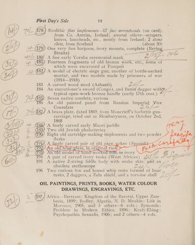 Neolithic flint implements—17 fine arrowheads (on card), from Co. Antrim, Ireland; several others—scrapers, knives, lanceheads, etc., mostly from Ireland; 2 stone  AR ss a. ~ clets, from Scotland (about 50) Oia Fa of 179p) One very fine harpoon, ivory mounts, conanate (Bering — —. ; Straits) meen oa, ee c6°l- 180) A fine early Yoruba ceremonial mask yA et a / 46 7. Pe 81) Fourteen fragments of old bronze work, etc., some of Ss a which were excavated at Pompeii LL AN cf 82) A model of electric siege gun, another of bottle-necked f WY | sa mortar, and two models made by prisoners of war — (19141918) isp 183 A carved wood stool (Ashanti) LO/ = oy 184 An executioner’s sword (Congo), and Benin dagger with?» oy 2). AB typical open-work bronze handle (early 17th cent.) Lg N/’%/ Af A8DY Seven native amulets, various oe - a An old. painted panel from Russian tote price fT ae Consulate / i] ~ /%- daz) A brass plate, dated 1869, from Moncrieft’s parents gun- abs Fa carriage, tried out at Shoeburyness, on October 2nd, la) 1868 (WUT &amp; gg? A finely carved early Maori paddle ace? ds9) Two old Jewish phalacteries Yo SA 7 190) Fight old cartridge-making implements and two powder / 29% jp = flasks (YD er = fnely carved pair of oe oxen_yokes (Spanish —7 32) a ros) An Old model o ee “worked mi ,im ivory oe PF san “ 54 A pair of carved ivory tusks (West African) GAS f= f foo . 195 A native 2-string fiddle body with snake skin, and an obsolete stethoscope tusks, 2 daggers, a Zulu shield, and a tortoise shell OIL PAINTINGS, PRINTS, BOOKS, WATER COLOUR DRAWINGS, ENGRAVINGS, ETC. S 97) Africa—Bertram: Kingdom of the Barotsi, Upper Zam- bezia, 1899; Bodley, Algeria, N. D. Meakin: Life in Fy Morocco, 1905, and 3 others—6 vols.; Symonds: iy Problem in Modern Ethics, 1896; Kraft-Ebing: 