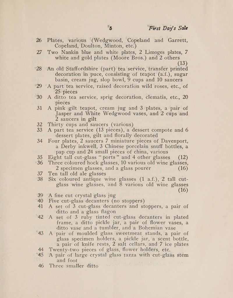 27 ee Plates, various (Wedgwood, Copeland and Garrett, Copeland, Doulton, Minton, etc.) Two Nankin blue and white plates, 2 Limoges plates, 7 white and gold plates (Moore Bros.) and 2 others (13) An old Staffordshire (part) tea service, transfer printed decoration in puce, consisting of teapot (a.f.), sugar basin, cream jug, slop bowl, 9 cups and 10 saucers 25 pieces A ditto tea service, sprig decoration, clematis, etc., 20 pieces | A pink gilt teapot, cream jug and 3 ‘plates, a pair of Jasper and White Wedgwood vases, and 2 cups and 2 saucers in gilt Thirty cups and saucers (various) A part tea service (13 pieces), a dessert compote and 6 dessert plates, gilt and florally decorated Four plates, 2 saucers 7 miniature pieces of Davenport, a Derby inkwell, 3 Chinese porcelain snuff bottles, a pap cup and 24 small pieces of china, various | Bight tall cut-glass “ports” and 4 other glasses (12) Three coloured hock glasses, 10 various old wine glasses, 2 specimen glasses, and a glass pourer (16) Ten tall old ale glasses Six coloured antique wine glasses (1 a.f.), 2 tall cut- glass wine glasses, and 8 various old wine glasses (16) A fine cut crystal glass jug Five cut-glass decanters (no stoppers) A set of 3 cut-glass decanters and stoppers, a pair of ditto and a glass flagon A set of 3 ruby tinted cut-glass decanters in plated frame, a ditto pickle jar, a pair of flower vases, a ditto vase’ and a tumbler, and'a Bohemian vase A pair of moulded glass sweetmeat stands, a pair of glass specimen holders, a pickle jar, a scent bottle, a pair of knife rests, 2 salt cellars, and 7 ice plates Twenty-two pieces of glass, flower holders, etc. A pair of large crystal glass tazza with cut-glass stem and foot Three smaller ditto