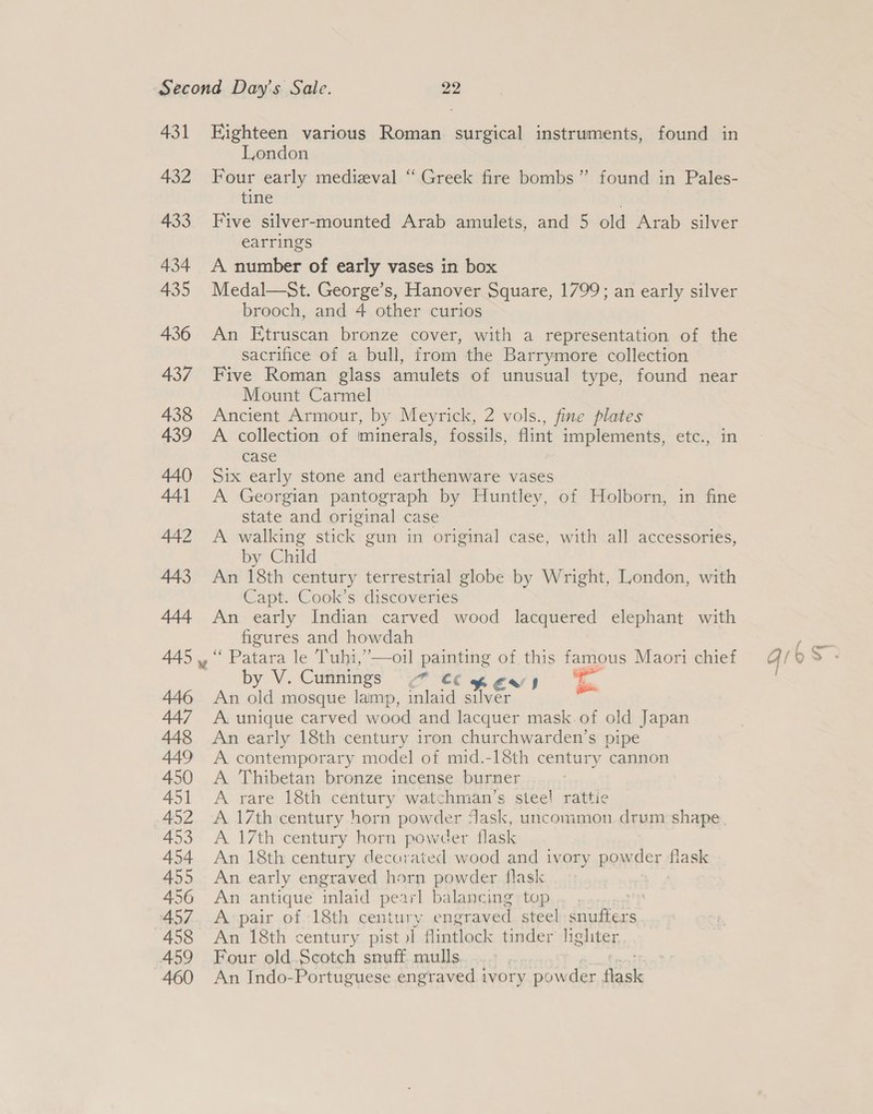 431 432 433 434 435 436 437 438 439 440 44] 442 443 444 445 Eighteen various Roman surgical instruments, found in London Four early medieval “Greek fire bombs” found in Pales- tine Five silver-mounted Arab amulets, and 5 old Arab silver earrings A number of early vases in box Medal—St. George’s, Hanover Square, 1799; an early silver brooch, and 4 other curios An Etruscan bronze cover, with a representation of the sacrifice of a bull, from the Barrymore collection Five Roman glass amulets of unusual type, found near Mount Carmel Ancient Armour, by Meyrick, 2 vols., fine plates A collection of minerals, fossils, flint implements, etc., in case Six early stone and earthenware vases A Georgian pantograph by Huntley, of Holborn, in fine state and original case A walking stick gun in original case, with all accessories, by Child An 18th century terrestrial globe by Wright, London, with Capt. Cook’s discoveries An early Indian carved wood lacquered elephant with figures and howdah 33 : Patara le Tuhi,’—oil painting of this famous Maori chief grb &gt;: by V. Cunnings “Co pews —? An old mosque lamp, inlaid silver ty A. unique carved wood and lacquer mask of old Japan An early 18th century iron churchwarden’s pipe A contemporary model of mid.-18th century cannon A Thibetan bronze incense burner A rare 18th century watchman’s steel rattiec A 17th century horn powder ask, uncommon drum shape A 17th century horn powder flask An 18th century decorated wood and ivory powder flask An early engraved horn powder flask An antique inlaid pearl balancing top A pair of 18th century engraved. steel snufters An 18th century pist 1 flintlock tinder lighter Four old Scotch snuff mulls An Indo-Portuguese engraved ivory powder re