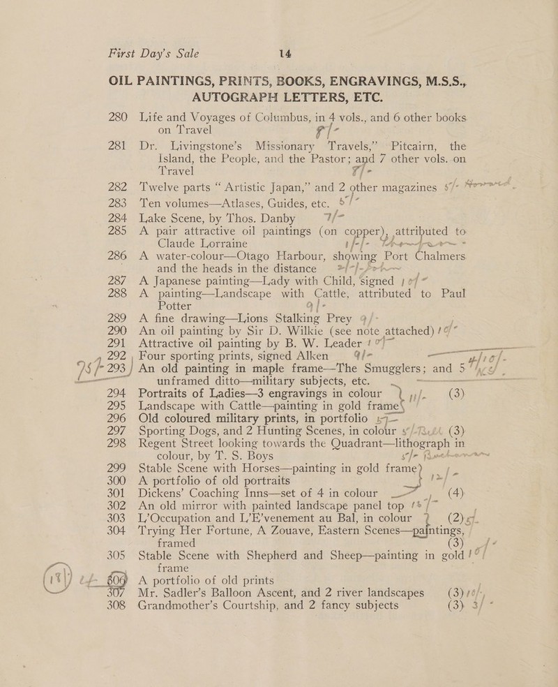 281 282 283 284 285 286 287 288 289 290 ae 292 AUTOGRAPH LETTERS, ETC. Life and Voyages ot Columbus, in , vols., and 6 other books. on Travel g¢|- Dr. Livingstone’s Missionary uy ravels,” Pitcairn, the Island, the People, and the Pastor; and 7 other vole. on Travel w/e Twelve parts “ Artistic Japan,” and 2 other magazines $7 Ten volumes—Atlases, Guides, etc. ° a Lake Scene, by Thos. Danby Vf A. pair attractive oil paintings (on Name attripated to Claude Lorraine [- A water-colour—Otago Harbour, showing Port Geen and the heads in the distance */-/-, A Japanese painting—Lady with Child, AES }o A painting—Landscape with | Oda Stee. to Paul Potter A fine drawing—Lions Stalking Prey je An oil painting by Sir D. Wilkie (see note attached) /¢ Attractive oil painting by B. W. Leader 1°77 Four sporting prints, signed Alken a/- ae be eae -- Lee 294 295 296 297 298 299 300 301 unframed ditto—military subjects, etc. = ~ Portraits of Ladies—3 engravings in colour L YP @)- Landscape with Cattle—painting in gold frame \ Old coloured military prints, in portfolio + a Sporting Dogs, and 2 Hunting Scenes, in colour “/-7au (3) Regent Street looking towards the Quadrant—lithogr aph i in colour, by T. S. Boys s/- 13 ti Stable Scene with Horses—painting in gold frame) tae A portfolio of old portraits >] Dickens’ Coaching Inns—set of 4 in colour ie aks ie An old mirror with painted landscape panel top ‘* 1 L/Occupation and L’E’venement au Bal, in colour (2).04 ry Trying Her Fortune, A Zouave, Eastern Sci ing framed Stable Scene with Shepherd and Sheep—painting in old frame A portfolio of old prints | Mr. Sadler’s Balloon Ascent, and 2 river landscapes —(3) /4/,