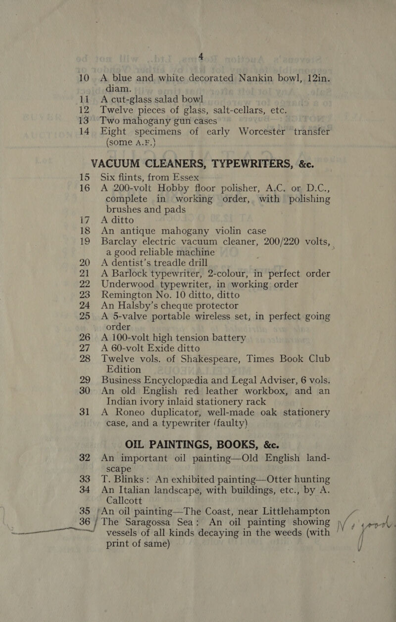 1] 12 13 14 15 16 17 18 19 20 21 22 23 24 25 26 27 28 29 30 31 32 33 34 35 36 4 diam. A cut-glass salad bowl Twelve pieces of glass, salt-cellars, etc. Two mahogany gun cases Eight specimens of early Worcester transfer (some A.F.) Six flints, from Essex A 200-volt Hobby floor polisher, A.C. or D.C., complete in working order, with polishing brushes and pads A ditto An antique mahogany violin case a good reliable machine A dentist’s treadle drill A Barlock typewriter, 2-colour, in perfect order Underwood typewriter, in working order Remington No. 10 ditto, ditto An Halsby’s cheque protector A 5-valve portable wireless set, in perfect going order A 100-volt high tension battery A 60-volt Exide ditto Twelve vols. of Shakespeare, Times Book Club Edition Business Encyclopedia and Legal Adviser, 6 vols. An old English red leather workbox, and an Indian ivory inlaid stationery rack A Roneo duplicator, well-made oak stationery case, and a typewriter /faulty) OIL PAINTINGS, BOOKS, &amp;c. An important oil painting—Old English land- scape T. Blinks: An exhibited painting—Otter hunting An Italian landscape, with buildings, etc., by A. Callcott ~The Saragossa Sea: An oil painting showing vessels of all kinds decaying in the weeds (with print of same) Ni 4 A-o- Ni f