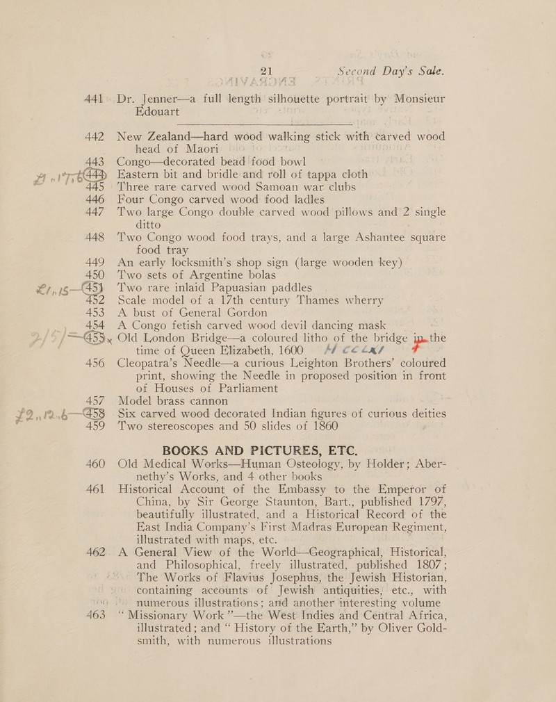 he Z LS 462 463 Te ee oc oe Day's Sale. -, Jenner—a full length silhouette portrait Be Monsieur eae   New Zealand—hard wood walking stick with carved wood head of Maori | Congo—decorated bead food bowl Eastern bit and bridle and roll of tappa cloth Three rare carved wood Samoan war clubs Four Congo carved wood food ladles Two large Congo double carved wood pillows and 2 single ditto Two Congo wood food trays, and a large Ashantee square food tray An early locksmith’s shop sign (large wooden key) Two sets of Argentine bolas Two rare inlaid Papuasian paddles Scale model of a 17th century Thames wherry A bust of General Gordon A Congo fetish carved wood devil dancing mask a Old London Bridge—a coloured litho of the bridge jpthe time of Queen Elizabeth, 1600 Al Ce ex/ ; Cleopatra’s Needle—a curious Leighton Brothers’ coloured print, showing the Needle in proposed position in front of Houses of Parliament Model brass cannon Six carved wood decorated Indian figures of curious deities Two stereoscopes and 50 slides of 1860 BOOKS AND PICTURES, ETC. Old Medical Works—Human Osteology, by Holder; Aber- nethy’s Works, and 4 other books Historical Account of the Embassy to the Emperor of China, by Sir George Staunton, Bart:., published 1797, beautifully illustrated, and a Historical Record of the East India Company’s First Madras European Regiment, illustrated with maps, etc. » A General View of the World—Geographical, Historical, and Philosophical, freely illustrated, published 1807; The Works of Flavius Josephus, the Jewish Historian, containing accounts of Jewish antiquities; etc., with numerous illustrations; and another interesting volume illustrated ; and “ History of the Earth,” by Oliver Gold- smith, with numerous illustrations