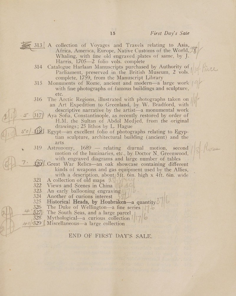 we 313| 314 JES 316 S317 7 cane RS i j Fa) Ail so) wre 340 a Eom a 15 First Day's Sale Whaling, with fine old engraved plates of same, by J. Harris, 17/05—2 folio vols. complete complete, 1759, from the Manuscript Library with fine photographs of famous buildings and sculpture, etc. descriptive narrative by the artist—a monumental work Aya Sofia, Constantinople, as recently restored by order of H.M. the Sultan of Abdol Medjed, from the original drawings; 25 lithos by L. Hague Egypt—an excellent folic of photographs relating to Egyp- tian sculpture, architectural building (ancient) and the arts Astronomy, 1689 relating diurnal motion, second motion of the luminaries, etc., by Doctor N, Greenwood, with engraved diagrams and large number of tables Great War Relics—an oak showcase containing different kinds of weapons and gas equipment used by the Allies, with a description, about) 5ft. bin. tugh x 4ft. 6in. wide A. collection of old maps 4). | Views and Scenes in China |»! An early ballooning engraving | Another of curious interest &gt; up:  The Duke of Wellington—a fine series | [7] bey Mythological—a curious colmenin Fimih | Miscellaneous—a large collection | END OF FIRST DAY’S SALE: