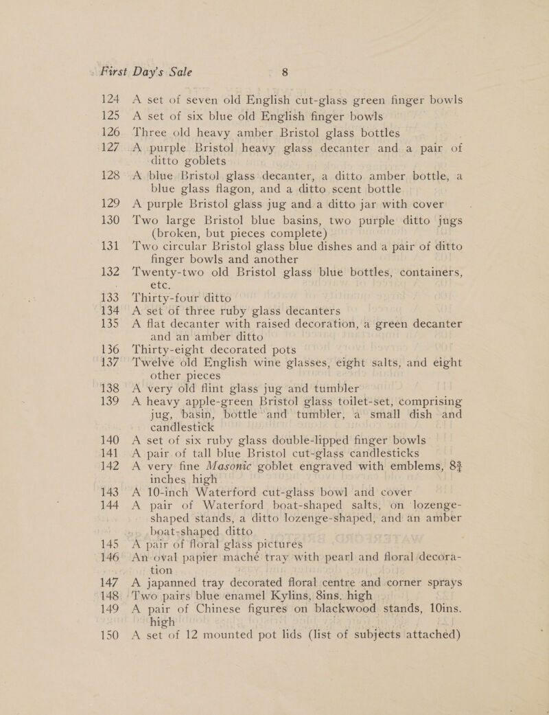 124 As 150 A set of seven old English cut-glass green finger bowls A set of six blue old English finger bowls Three old heavy amber Bristol glass bottles A purple Bristol heavy glass decanter and.a pair of ditto goblets A blue, Bristol glass decanter, a ditto amber bottle, a blue glass flagon, and a ditto scent bottle A purple Bristol glass jug and a ditto jar with cover Two large Bristol blue basins, two purple ditto jugs (broken, but pieces complete) Two circular Bristol glass blue dishes and a pair of ditto finger bowls and another Twenty-two old Bristol glass blue bottles, containers, etc. Thirty-four ditto A set of three ruby glass decanters A flat decanter with raised decoration, a green decanter and an amber ditto Thirty-eight decorated pots Twelve old English wine glasses, eight salts, and eight other pieces A very old flint glass jug and tumbler A heavy apple-green Bristol glass toilet-set, comprising jug, basin, bottle “and tumbler, ‘a small dish and candlestick A set of six ruby glass double-lipped ‘filawress bowls A very fine Masonic goblet engraved with emblems, 8% inches high A 10-inch Waterford -cut- elass bowl and cover A pair of Waterford boat-shaped salts, on lozenge- shaped stands, a ditto lozenge-shaped, ‘and an amber boat-shaped ditto A pair of floral glass pictures tion A pair of Chinese figures on blackwood stands, 10ins. high A set of 12 mounted pot lids (list of subjects bracken)