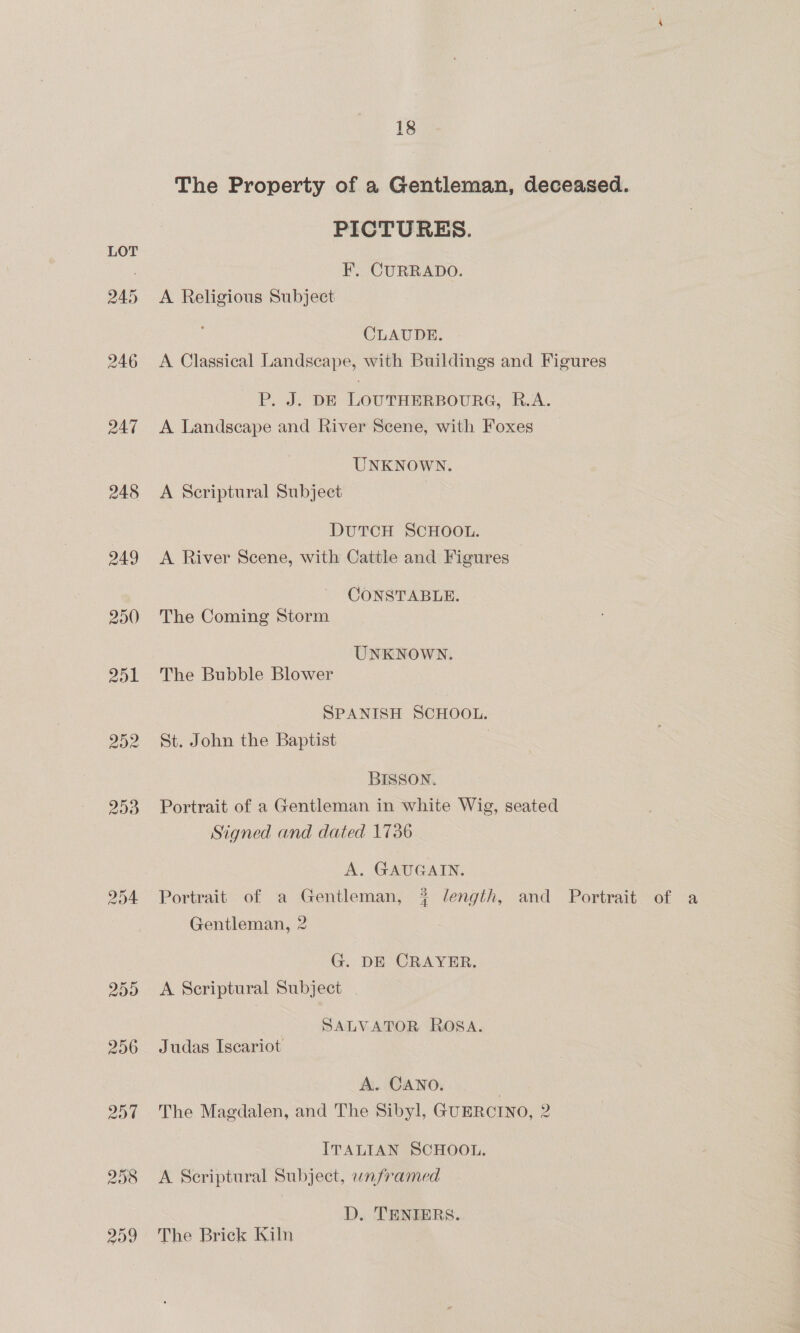 247 248 249 290 201 259 296 2o¢ 298 209 18 PICTURES. F. CURRADO. CLAUDE. UNKNOWN. DUTCH SCHOOL. CONSTABLE. UNKNOWN. SPANISH SCHOOL. BISSON. A. GAUGAIN. Gentleman, 2 G. DE CRAYER. Judas Iscariot SALVATOR ROSA. A. CANO. and Portrait of a ITALIAN SCHOOL. The Brick Kiln D. TENIERS.