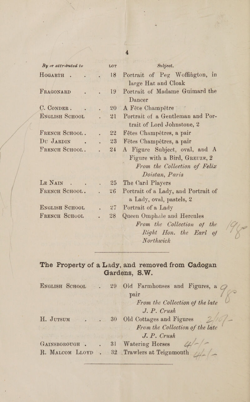 By or attributed to HoGaRtH FRAGONARD ©. CoNDER . ENGiisH ScHooL FRENCH SCHOOL. Du JARDIN HRENCH SCHOOL. Le Nain FRENCH SCHOOL. ENGLISH SCHOOL Frenco ScHoon 21 22 Subject, Portrait of Peg Woffigton, in large Hat and Cloak Portrait of Madame Guimard the Dancer Portrait of a Gentleman and Por- trait of Lord Johnstone, 2 Fétes Champétres, a pair Fétes Champétres, a pair A Figure Subject, oval, and A Figure with a Bird, Greuze, 2 From the Collection of Felix Doistan, Paris The Card Players Portrait of a Lady, and Portrait of a Lady, oval, pastels, 2 Portrait of a Lady Queen Omphale and Hercules From the Collection of the Right Hon. the Earl of ‘Northwick EnGuisH ScHoon H. Jursum 29 3] Old Farmhouses and Figures, a pair From the Collection of the late SisP. Crush J. P. Crush 3 Watering Horses LL/-