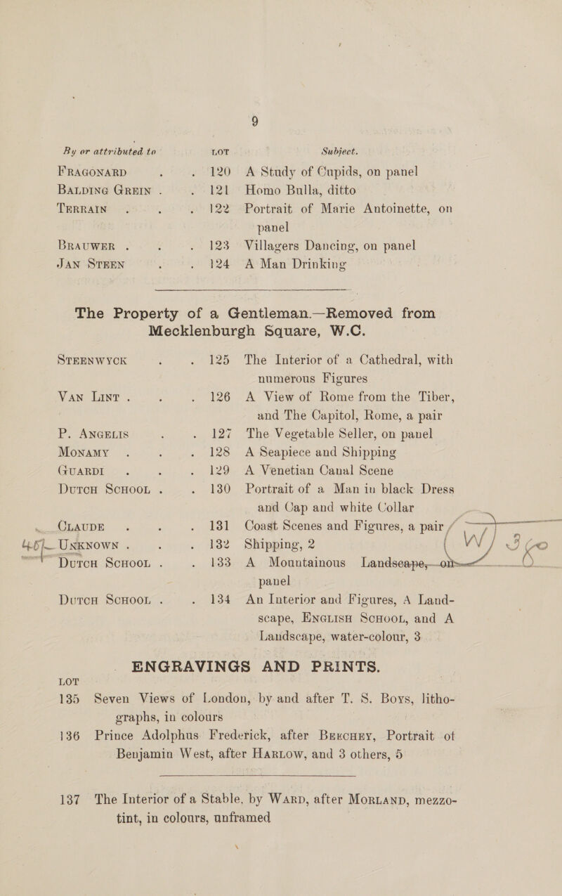 FRAGONARD TERRAIN BRAUWER . JAN STEEN LOT 120 121 122 123 124 Subject. A Study of Cupids, on panel Homo Bulla, ditto panel Villagers Dancing, on panel A Man Drinking  STEEN W YCK Van Lint . P. ANGELIS Monamy (JUARDI CLAUDE The Interior of a Cathedral, with numerous Figures A View of Rome from the Tiber, and The Capitol, Rome, a pair The Vegetable Seller, on panel A Seapiece and Shipping } A Venetian Canal Scene Portrait of a Man in black Dress and Cap and white Collar Coast Scenes and Figures, a aa Shipping, 2 ori ue S A Mountainous Landseape,— ot | “ta panel | An [nterior and Figures, A Land- scape, ENGLISH ScHOOL, and A Landscape, water-colour, 3 LOT