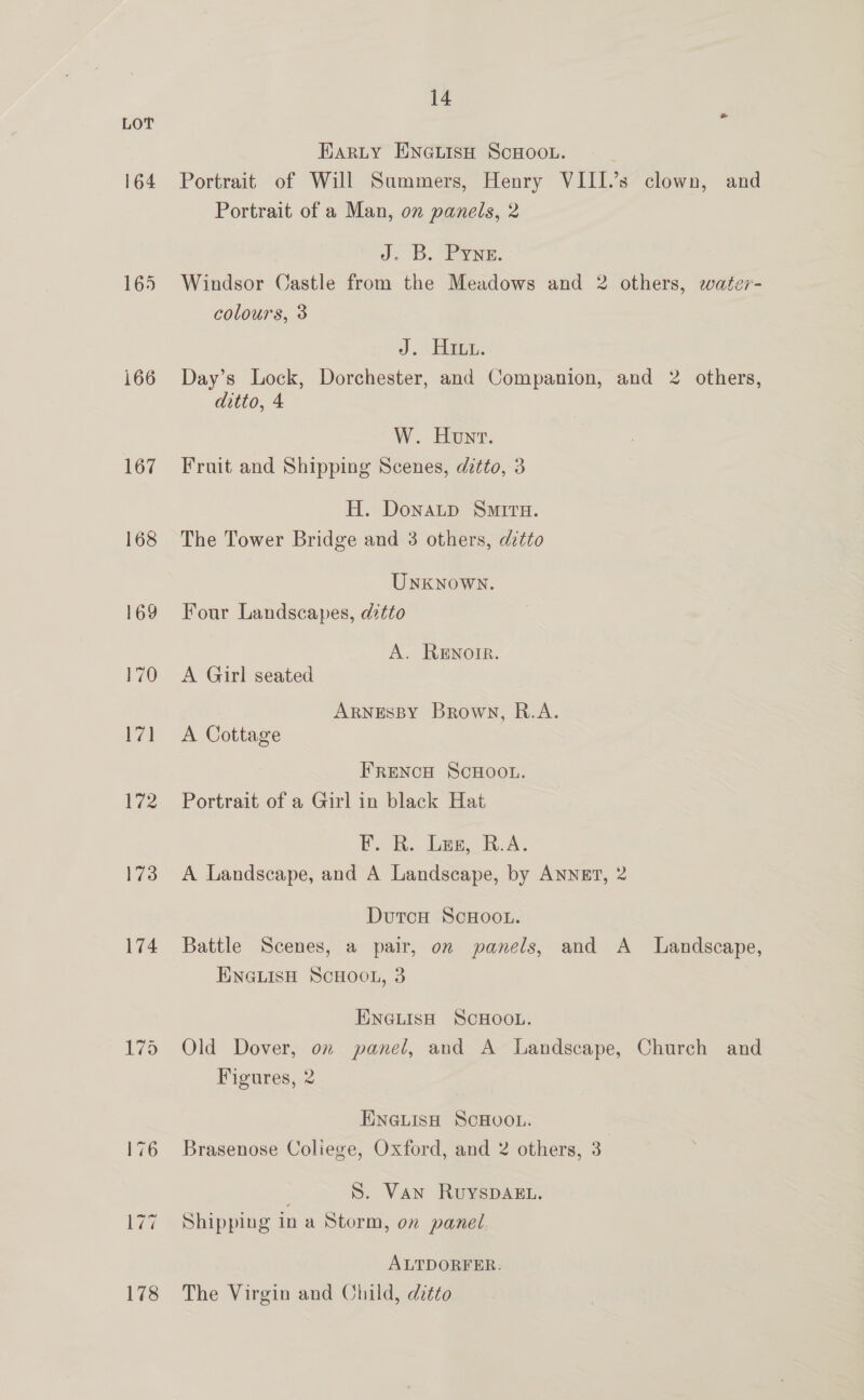 164 165 166 167 168 169 170 171 172 173 174 14 HARLY ENGLISH SCHOOL. Portrait of Will Summers, Henry VIII.’s clown, and Portrait of a Man, on panels, 2 J. B. PANE. Windsor Castle from the Meadows and 2 others, water- colours, 3 2d. dana. Day’s Lock, Dorchester, and Companion, and 2 others, ditto, 4 W. Hon. Fruit and Shipping Scenes, ditto, 3 H. Donaup Smiru. The Tower Bridge and 3 others, ditto UnNKNown. Four Landscapes, dztto A. RENOIR. A Girl seated ARNESBY Browy, R.A. A Cottage FReNcH SCHOOL. Portrait of a Girl in black Hat Ea. Dame oA: A Landscape, and A Landscape, by ANNET, 2 DutcH ScHOOL. Battle Scenes, a pair, on panels, and A _ Landscape, ENGLISH SCHOOL, 3 ENGLISH SCHOOL. Old Dover, on panel, and A Landscape, Church and Figures, 2 ENGLISH SCHOOL. Brasenose Coliege, Oxford, and 2 others, 3 S. Van RuyspDAkL. Shipping in a Storm, on panel ALTDORFER. The Virgin and Child, ditto