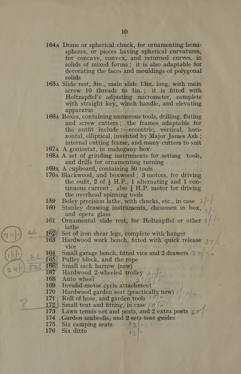 1644 Dome or spherical chuck, for ornamenting hemi- spheres, or pieces having spherical curvatures, for concave, convex, and returned curves, in solids of mixed forms; it is also adaptable for decorating the faces and mouldings of polygonal solids 165A Slide rest, 5in., main slide 13in. long, with main screw 10 threads to lin.; it is fitted with Holtzapffel’s adjusting micrometer, complete with straight key, winch handle, and elevating apparatus 166A Boxes, containing numerous tools, drilling, fluting and screw cutters; the frames adaptable for the outfit include :—eccentric, vertical, hori- zontal, elliptical, invented by Major James Ash ; internal cutting frame, and many cutters to suit 167A A goniostat, in mahogany box’ 1684 A set of grinding instruments for setting tools, and drills for ornamenting turning 169A A cupboard, containing 50 tools 170A Blackwood, and boxwood ; 3 motors, for driving the oufit, 2 of 4 H.P., 1 alternating and 1 con- tinuous current ; also + H.P. motor for driving the overhead spinning tools and opera glass lathe 162) Set of iron shear legs, complete with hanger vice 164 Small garage bench, fitted vice and 2 drawers - 165, Pulley block, and the rope 166) Small sack barrow (new) 167 Hardwood 2-wheeled alley 2 168 Auto wheel 169. Invalid-motor cycle i dmaadent 170 Hardwood garden seat eagiically new) | 171, Roll of hose, and garden tools / i 174 .Garden-umbrella;-and 2° Rig na guides 175 Six camping seats >. | 176 Six ditto 17) | :