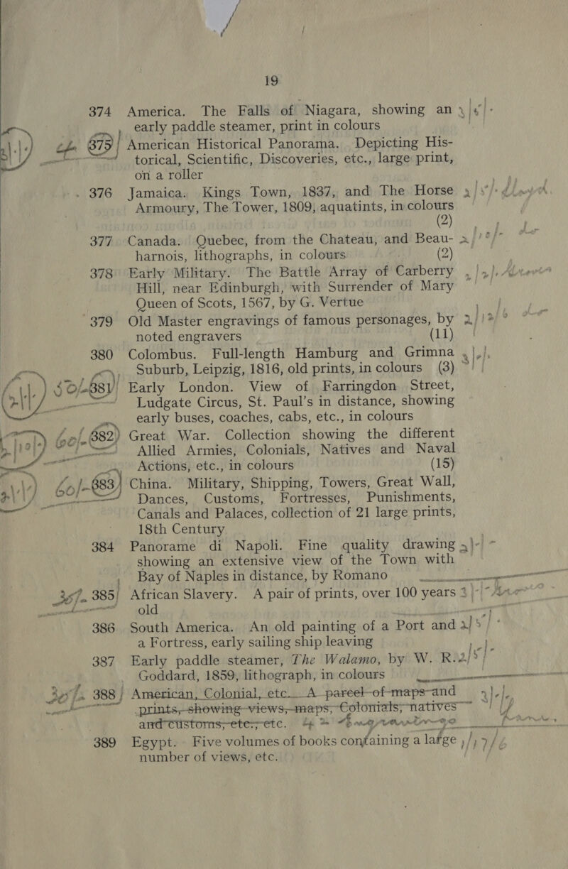 374    19 America. The Falls of Niagara, early paddle steamer, print in colours American Historical Panorama. Depicting His- torical, Scientific, Discoveries, etc., large print, on a roller 376 Jamaica. Kings Town, 1837, and The Horse Armoury, The Tower, 1809, aquatints, in colours (2) 377. Canada. Quebec, iio the Chateau, and Beau- harnois, lithographs, in colours (2) 378 Early Military. The Battle Array of Carberry Hill, near Edinburgh, with Surrender of Mary Queen of Scots, 1567, by G. Vertue 379 Old Master engravings of famous personages, by 3 noted engravers 11 380 Colombus. Full-length Hamburg and Grimna MOR OR) Suburb, Leipzig, 1816, old prints, in colours (3) /\\,) $@-88)) Early London. View of Farringdon Street, | _-=“— Ludgate Circus, St. Paul’s in distance, showing a. early buses, coaches, cabs, etc., in colours rat) by of. 682) Great War. Collection showing the different chy, _|_o===) Allied Armies, Colonials, Natives and Naval ~ a __», Actions, etc., in colours (15) \,\4] A 7/883 China. Military, Shipping, Towers, Great Wall, Wt) Dances, Customs, Fortresses, Punishments, Canals and Palaces, collection of 21 large prints, 18th Century Panorame di Napoli. Fine quality drawing ~ showing an extensive view of the Town with Bay of Naples in distance, by Romano ah ‘ik African Slavery. A pair of prints, over 100 years 2 old South America. a Fortress, early sailing ship leaving ie”! i ;* a] » -~ 7 i sd wre | 3]? ah ~ Goddard, 1859, lithograph, in colours _prints,shewing- views;maps, -Cotontats; natives and customs-ete-etc. &gt; Egypt. Five volumes of books containing a lafge , number of views, etc. | ny {* a &gt; sont tien arsave of