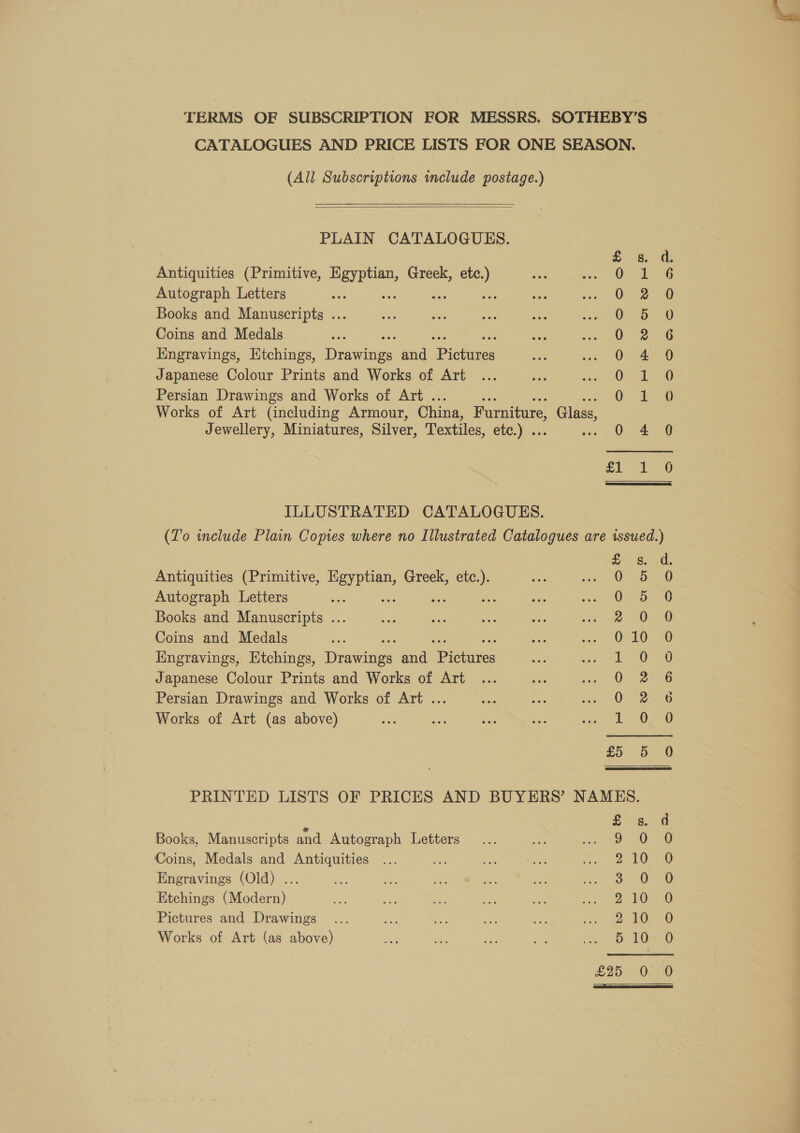 TERMS OF SUBSCRIPTION FOR MESSRS. SOTHEBY’S CATALOGUES AND PRICE LISTS FOR ONE SEASON. (All Subscriptions include postage.)  PLAIN CATALOGUES. &amp; 8s. ad, Antiquities (Primitive, ee Greek, ey TEE ae | Autograph Letters ‘ 0. 0 Books and Manuscripts ... O- Bee Coins and Medals 0 2 6 Hngravings, Etchings, Deane. and Pienne 0 4 90 Japanese Colour Prints and Works of Art 02150 Persian Drawings and Works of Art . Oa Works of Art (including Armour, China, Furniture, Glass, Jewellery, Miniatures, Silver, Textiles, ete.) .: 0 4 0 oH Me ILLUSTRATED CATALOGUES. (To include Plain Copies where no Illustrated Catalogues are issued.) fo 6.0 Antiquities (Primitive, ae Greek, elas O%D440 Autograph Letters es 02D 8 Books and Manuscripts ... a. 0v-9 Coins and Medals 0°10: Kngravings, Etchings, Deana and “Pivuutes P0230 Japanese Colour Prints and Works of Art OF 2516 Persian Drawings and Works of Art ... 02. 6 Works of Art (as above) 1050) £5 5 0 PRINTED LISTS OF PRICES AND BUYERS’ NAMES. Books, Manuscripts and Autograph Letters Coins, Medals and Antiquities Engravings (Old) ... Etchings (Modern) Pictures and Drawings Works of Art (as above) ern bD bo ow wp oth aes S . ao ee oa a = £25 0 =) 