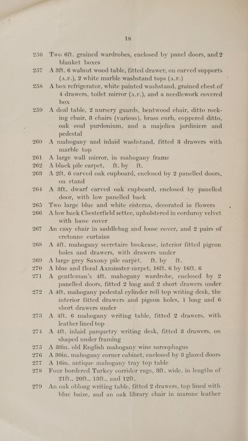 ees ae ~ CO 18 Two 6ft. grained wardrobes, enclosed by panel doors, and 2 blanket boxes A 3ft. 6 walnut wood table, fitted drawer, on carved supports (A.F.), 2 white marble washstand tops (A.F.) A box refrigerator, white painted washstand, grained chest of 4 drawers, toilet mirror (A.F.), and a needlework covered box 7 A. deal table, 2 nursery guards, bentwood chair, ditto rock- ing chair, 8 chairs (various), brass curb, coppered ditto, oak coal purdonium, and a majolica jardiniere and pedestal A mahogany and inlaid washstand, fitted 8 drawers with marble top A large wall mirror, in mahogany frame A black pile carpet, ftobe — ft. A 2ft. 6 carved oak cupboard, enclosed by 2 panelled doors, on stand A 3ft. dwarf carved oak cupboard, enclosed by panelled door, with low panelled back Two large blue and white cisterns, decorated in flowers A low back Chesterfield settee, upholstered in corduroy velvet with loose cover An easy chair in saddlebag and loose cover, and 2 pairs of eretonne curtains A 4ft. mahogany secretaire bookcase, interior fitted pigeon holes and drawers, with drawers under A large grey Saxony pile carpet, ft. by ft. A blue and floral Axminster carpet, 16ft. 6 by 16ft. 6 A gentleman’s 4ft. mahogany wardrobe, enclosed by 2 panelled doors, fitted 2 long and 2 short drawers under A 4ft. mahogany pedestal cylinder roll top writing desk, the interior fitted drawers and pigeon holes, 1 long and 6 short drawers under A 4ft. 6 mahogany writing table, fitted 2 drawers, with leather lined top A. 4ft. inlaid parquetry writing desk, fitted 3 drawers, on shaped under framing A 33in. old English mahogany wine sarcophagus A 30in. mahogany corner cabinet, enclosed by 3 glazed doors. A 16in. antique mahogany tray top table Four bordered Turkey corridor rugs, 3ft. wide, in lengths of F1ft., 20ft., 18ft., and 12f€: An oak oblong writing table, fitted 2 drawers, top lined with blue baize, and an oak library chair in marone leather