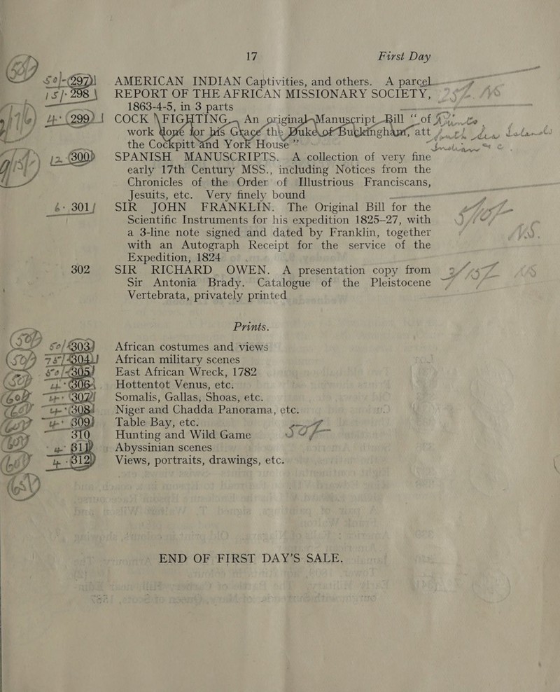 REPORT OF THE AFRICAN MISSIONARY SOCIETY, 1863-4-5, in 3 parts ‘ the Cockpitt and York House ”’ SPANISH MANUSCRIPTS. A collection of very fine early 17th Century MSS., including Notices from the Chronicles of the Order of Illustrious Franciscans, Jesuits, etc. Very finely bound ; , SIR JOHN FRANKUEIN. The Original Bill for the Scientific Instruments for his expedition 1825-27, with a 3-line note signed and dated by Franklin, together with an Autograph Receipt for the service of the Expedition, 1824 . SIR RICHARD OWEN. A presentation copy from Sir Antonia Brady. Catalogue of the Pleistocene Vertebrata, privately printed Prints. African costumes and views African military scenes East African Wreck, 1782 Hottentot Venus, etc. Somalis, Gallas, Shoas, etc. Niger and Chadda Panorama, etc. Table Bay, etc. i ae Hunting and Wild Game dg -- Abyssinian scenes Views, portraits, drawings, etc. . END OF FIRST DAY'S: SALE,