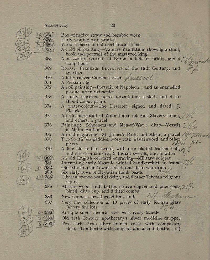 Box of native straw and bamboo work Early visiting card printer Various pieces of old mechanical items An old oil painting—Vanitas Vanitatum, showing a skull, book and portrait of the martyred king  A mezzotint portrait of Byron, a folio of prints, and a_7 a scrap-book lpvars®s 369 Books. Frankaus Engravers of the 18th Century, and (= 24 an atlas y, / 370 A lofty carved Cairene screen 4) #4 fe hh 371 A Persian rug hii 372 An oil painting—Portrait of Napoleon ; and an enamelled plaque, after Meissonier 373 A finely chiselled brass presentation casket, and 4 Le Blond colour prints 374 A water-colour—The Deserter, ciel and dated, J. Floackes ‘ 375 An old mezzotint of Wilberforce (of Anti-Slavery fame), / 7 and others, a parcel Nar 2 376 Painting: Schooners and Men-of-War; ditto—Vessels 7 // o in Malta Harbour vs 377 An old engraving—St. James's Park, and others, a parcel (049 Voousti 378 Two South Sea paddles, ivory tusk, naval sword, and fe oP nv : ie pieces oe 379 A fine old Indian sword, with rare plaited leather belt, Ji fe Vasil and silver ornaments, 3 Indian swords, and another ya my cf 680 | An old English coloured engraving—Military subject /, “~~. 381 —s Interesting early Masonic printed handkerchief, in frame V Ii (G0)7 oe 882) Old African chief’s war shield, and ditto war drum /, — 383 Six early rows of Egyptian tom's beads Yv/C hy) Se (384! Tibetan bronze head of deity, and 5 other Tibetan feligious A figures 385 African wood snuff bottle, native dagger and Hey com- 257 bined, ditto cup, and 3 ditto combs of 386 New Guinea carved wood lime knife [eff — TOC Mee t— 387 Very fine collection of 10 pieces of early Roman glass (a very fine lot) I7/4 (6717 6s 68s) Antique silver medical saw, with ivory handies P75) 43894 Old 17th Century apothecary’s silver medicine dropper ¥ ZX + G90) Two early Arab silver amulet cases with compasses, ewe 2 ditto silver bottle with compass, and a snuff bottle (4)