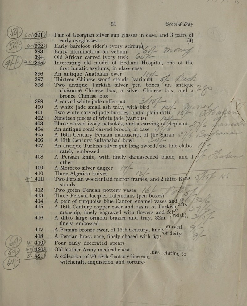 Pair of Georgian silver sun glasses in case, and 3 pairs of early eyeglasses (4) Early barefoot rider’s ivory stirrup} Early illumination on vellum bij Old African carved ivory tusk 6 )-- Interesting old model of Bedlam Hospital, one of the first lunatic asylums, in glass case An antique Anatolian ewer Vs ee ey, Thirteen Chinese wood stands (various) S42 AU ee7~ Two antique Turkish silver pen boxes,’ an antique ~ .- cloisonné Chinese box, a silver Chinese BOX wade a) 4 i bronze Chinese box Wp : A carved white jade coffee pot Off Zr oD sve ¥ ff ‘A —) y , y J f fe, hy we       A white jade small ash tray, with bird GEG RUCY Two white carved jade buckles, and a plain ditto 16 Ze LTE kat Nineteen pieces of white jade (various) ’ | Three carved ivory netsukés, and a carving 0 of Besparel oR 6 An antique coral carved brooch, incase // A bd A 16th Century Persian manuscript of the Suran Wide A 13th Century Sultanabad bowl rt, An antique Turkish silver-gilt long sword, Ane hilt elabo- rately embossed A Persian knife, with finely peviascece blade, and 1 other | A Morocco silver dagger tf. Three Algerian knives (2/- Two Persian wood inlaid mirror frames, and 2 ditto Ke at stands ) Two green Persian pottery vases /% Z Three Persian lacquer kalemdans (pen boxes) A pair of turquoise blue Canton enamel vases and A 16th Century copper ewer and basin, of Turkish,“ manship, finely engraved with flowers and ae h A ditto large ormolu brazier and tray, 32in. ish), finely embossed A Persian bronze ewer, of 16th Century, finely A Persian brass vase, finely chased with figv Four early decorated spears Old leather Army medical chest A collection of 70 18th Century line eng. witchcraft, inquisition and tortures w | “S 7 4 afts- graved py Of'deity. © ‘< ngs relating to