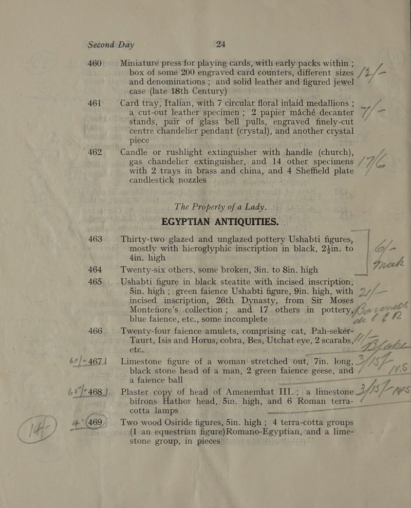 460 461 462 463 464 Miniature press for playing cards, with early packs within ; box of some 200 engraved cata counters, different sizes Ji f= and denominations ; and solid leather and figured jewel | ‘ease (late 18th Century) a cut-out leather specimen ; 2 papier maché. decanter ‘centre chandelier aime (crystal), and another crystal piece . gas chandelier extinguisher, and 14 other specimens LAG with 2 trays in brass and china, and 4 Sheffield plate candlestick nozzles The Property of a Lady. EGYPTIAN ANTIQUITIES. | Thirty- two glazed and unglazed pottery Ushabti figures, wig mostly with hieroglyphic inscription in black, 2}in. to | @/- 4in. high i b Twenty-six others, some broken, 3in. to 8in. high . din. high ;; green faience Ushabti figure, 9in. high, with °v+/ incised inscription, 26th Dynasty, from Sir Moses _” Montefiore’s. .collection ; and. 17. others. in pottery,” fe EG blue faience, etc., some incomplete . | “abet Ete Twenty-four Saicdel amulets, comprising cat, Pah-sekér-+ -Taurt, Isis and Horus, cobra, Bes; Utchat wae epi is LEER. eb: iat Et Z a Limestone figure of a woman’ stretched out, Pit. ag 2 v, 5 o black stone head of a man, 2 see faience pen anh ¢ YX. a faience ball | Asp. Plaster, copy of head of Heda DAE. IT. a limestone? ALS bifrons. Hathor head, sin. high, and 6 Roman terra- te cotta lamps. | es Two wood Osiride figures, 5in. high ; a: bensae cotta groups (1 an. equestrian figure) Romano- Egyptian, and a lime stone group, in pieces”