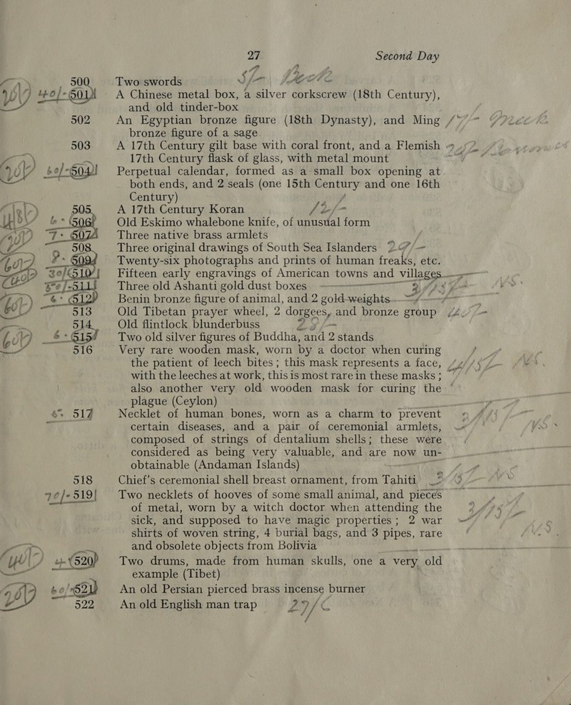 Th 50 WV) +o/-G0y 502 503  518 7.0/2 5191 od “Wl? a  27 Second Day a FR - : aed ra) \ /f - # ML Ma ‘ Two swords SF a att Cas and old tinder-box An Egyptian bronze figure (18th Dynasty), and Ming / bronze figure of a sage 17th Century flask of glass, with metal mount Perpetual calendar, formed as a-small box opening at both ends, and 2 seals (one 15th oe ag and one 16th Century) A 17th Century Koran Jef Old Eskimo whalebone knife, of unusual form Three native brass armlets Three original drawings of South Sea Islanders Lo, Twenty-six photographs and prints of human freaks, etc. Three old Ashanti gold dust boxes. = 2 ff, Benin bronze figure of animal, and 2 gold ie Old Tibetan prayer wheel, 2 domeccy and bronze group Old flintlock blunderbuss Two old silver figures of Buddha, ate! 2 stands Very rare wooden mask, worn by a doctor when curing the patient of leech bites; this mask represents a face, also another very old wooden mask for curing the ° plague (Ceylon) Necklet of human bones, worn as a charm to prevent certain diseases, and a pair of ceremonial armlets, composed of strings of dentalium shells; these were considered as being very valuable, and are now un- obtainable (Andaman Islands) Chief’s ceremonial shell breast ornament, from Tahiti bi Two necklets of hooves of some small animal, and pieces of metal, worn by a witch doctor when attending the sick, and supposed to have magic properties; 2 war shirts of woven string, 4 burial bags, and 3 pipes, rare and obsolete objects from Bolivia Two drums, made from human skulls, one a very old example (Tibet) An old Persian pierced brass incense burner An old English man trap 2? / ne