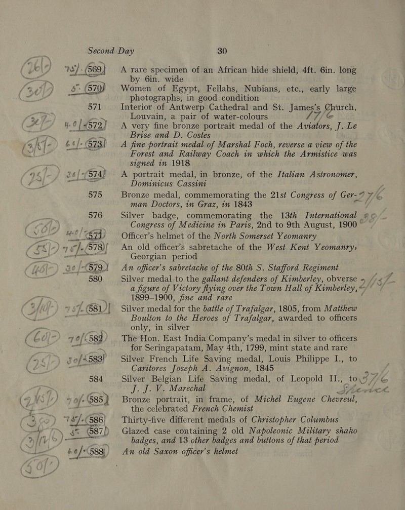 4 3}. (569) fl ¥s z 5° (579) eee MEE Amer ee A rare specimen of an African hide shield, 4ft. 6in. long by 6in. wide Women of Egypt, Fellahs, Nubians, etc., early large photographs, in good condition Interior of Antwerp Cathedral and St. James’s Church, Louvain, a pair of water-colours S7/€ A very fine bronze portrait medal of the Aviators, J. Le Brise and D. Costes A fine portrait medal of Marshal Foch, reverse a view of the Forest and Railway Coach in which the Armistice was signed in 1918 A portrait medal, in bronze, of the Italian Astronomer, Dominicus Cassini Bronze medal, commemorating the 21st Congress of Ger- © man Doctors, in Graz, in 1843 a Congress of Medicine in Paris, 2nd to 9th August, 1900 ° Officer’s helmet of the North Somerset Yeomanry An old officer’s sabretache of the West Kent Yeomanry, Georgian period An officer's sabretache of the 80th S. Stafford Regiment a figure of Victory flying over the Town Hall of Kimberley, = 1899-1900, fine and rare . Silver medal for the battle of Trafalgar, 1805, from Matthew Boulton to the Heroes of Trafalgar, awarded to officers only, in silver The Hon. East India Company’s medal in silver to officers for Seringapatam, May 4th, 1799, mint state and rare Silver French Life Saving medal, Louis Philippe I., to Caritores Joseph A. Avignon, 1845 J. J. V. Marechal i en Bronze portrait, in frame, of Michel Eugene Cnet the celebrated French Chemist Thirty-five different medals of Christopher Columbus Glazed case containing 2 old Napoleonic Military shako badges, and 13 other badges and buttons of that period An old Saxon officer’s helmet