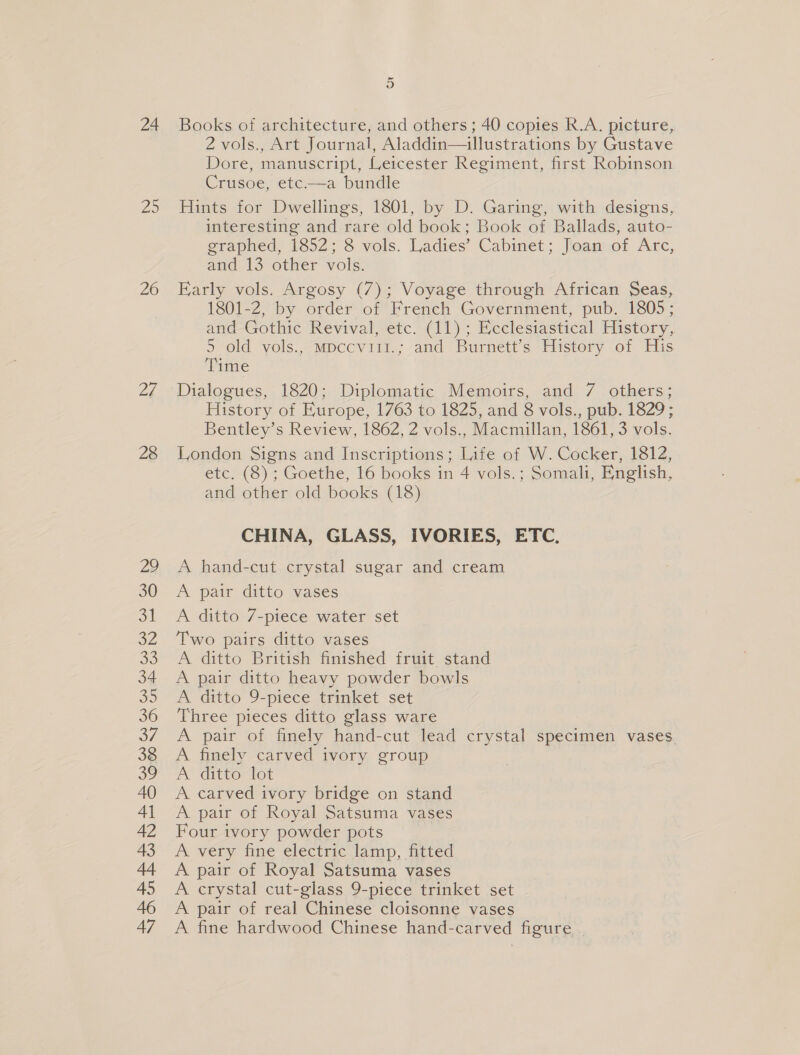 24 25 26 2 28 5 Books of architecture, and others ; 40 copies R.A. picture, 2 vols., Art Journal, Aladdin—illustrations by Gustave Dore, manuscript, Leicester Regiment, first Robinson Crusoe, etc.—a bundle Hints for Dwellings, 1801, by D. Garing, with designs, interesting and rare old book; Book of Ballads, auto- grapned, Isoz; 8 vols. Ladies’ Cabinet; Jloaniiof Arc, and 13 other vols. Farly vols. Argosy (7); Voyage through African Seas, 1801-2, by order of French Government, pub. 1805; and Gothic Revival, etc. (11); Ecclesiastical History, 5 old yvols.,2wpccviti.; and Burnett's History of His Time Dialogues, 1820; Diplomatic Memoirs, and 7 others; History of Europe, 1763 to 1825, and 8 vols., pub. 1829; Bentley’s Review, 1862, 2 vols., Macmillan, 1861, 3 vols. London Signs and Inscriptions; Life of W. Cocker, 1812, etc. (8) ; Goethe, 16 books in 4 vols.; Somali, English, and other old books (18) CHINA, GLASS, IVORIES, ETC. A hand-cut crystal sugar and cream A pair ditto vases A ditto 7-piece water set Two pairs ditto vases A ditto British finished fruit stand A pair ditto heavy powder bowls A ditto 9-piece trinket set Three pieces ditto glass ware A pair of finely hand-cut lead crystal specimen vases. A finely carved ivory group A ditto lot A carved ivory bridge on stand A pair of Royal Satsuma vases Four ivory powder pots A very fine electric lamp, fitted A pair of Royal Satsuma vases A crystal cut-glass 9-piece trinket set A pair of real Chinese cloisonne vases A fine hardwood Chinese hand-carved figure.