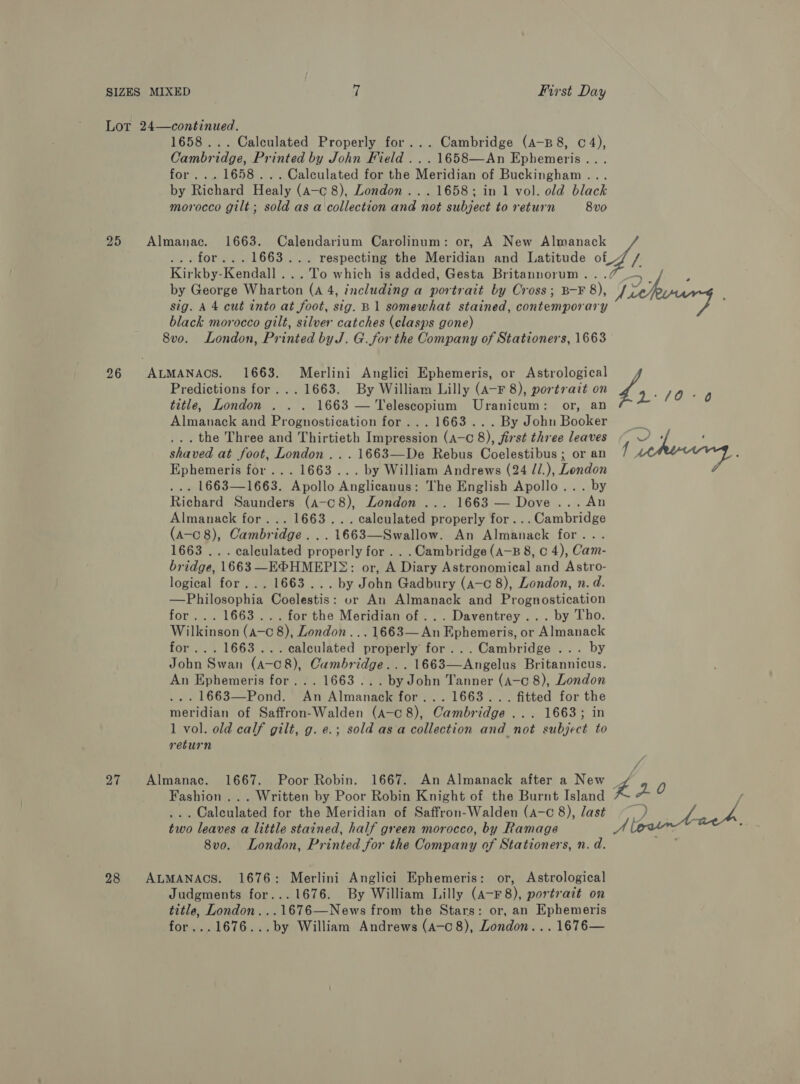 Lot 24—continued. 1658... Calculated Properly for... Cambridge (A-B 8, © 4), Cambridge, Printed by John Field ...1658—An Ephemeris .. . for... 1658... Calculated for the Meridian of Buckingham... by Richard Healy (a-c 8), London... 1658; in 1 vol. old black morocco gilt ; sold as a'collection and not subject to return 8v0 25 Almanac. 1663. Calendarium Carolinum: or, A New Almanack Kirkby-Kendall ... To which is added, Gesta Britannorum. . by George Wharton (A 4, including a portrait by Cross; B-F 8), sig. A 4 cut into at foot, sig. B 1 somewhat stained, contemporary black morocco gilt, silver catches (clasps gone) 8vo. London, Printed by J. G.for the Company of Stationers, 1663 26 ALMANACS. 1663. Merlini Anglici Ephemeris, or Astrological Predictions for... 1663. By William Lilly (a-F 8), portrait on title, London . . . 1663 — 'Telescopium Uranicum: or, an Almanack and Prognostication for... 1663... By John Booker _.. the Three and Thirtieth Impression (A-c 8), first three leaves shaved at foot, London... 1663—De Rebus Coelestibus ; or an Ephemeris for... 1663... by William Andrews (24 //.), London ... 1663—1663. Apollo Anglicanus: The English Apollo... by Richard Saunders (a-c8), London ... 1663 — Dove... An Almanack for... 1663... calculated properly for... Cambridge (a-c 8), Cambridge... 1663—Swallow. An Almanack for... 1663 ... calculated properly for . . . Cambridge (a—B 8, c 4), Cam- bridge, 1663 —E®HMEPI®: or, A Diary Astronomical and Astro- logical for, .. 1663... by John Gadbury (a-c 8), London, n. d. —Philosophia Coelestis: or An Almanack and Prognostication for... 1663... for the Meridian of ... Daventrey ... by Tho. Wilkinson (a-c 8), London... 1663—An Ephemeris, or Almanack for... 1663... calculated properly for...Cambridge ... by John Swan (4-c8), Cambridge... 1663—Angelus Britannicus. An Ephemeris for... 1663... by John Tanner (a-c 8), London ... 1663—Pond. An Almanack for... 1663... fitted for the meridian of Saffron-Walden (a-c 8), Cambridge ... 1663; in 1 vol. old calf gilt, g. e.; sold asa collection and not subject to return 27 Almanac. 1667. Poor Robin. 1667. An Almanack after a New Fashion ... Written by Poor Robin Knight of the Burnt Island ,.. Calculated for the Meridian of Saffron-Walden (a-c 8), last two leaves a little stained, half green morocco, by Ramage 8v0. London, Printed for the Company of Stationers, n. d. 98 ALMANACS. 1676: Merlini Anglici Ephemeris: or, Astrological Judgments for...1676. By William Lilly (a-F8), portrait on title, London...1676—News from the Stars: or, an Ephemeris for...1676...by William Andrews (a-c8), London... 1676— = | poe / A ee 10.4 £20 Nibuntae4,