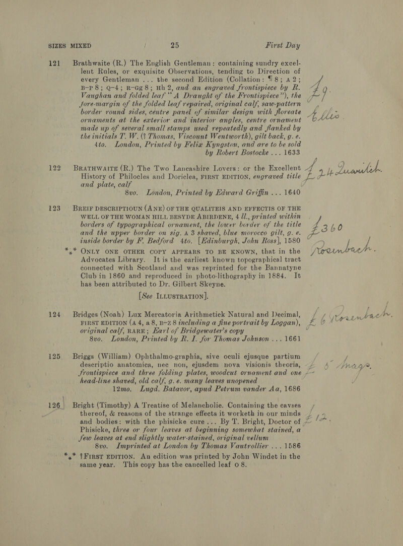 121 Brathwaite (R.) The English Gentleman: containing sundry excel- lent Rules, or exquisite Observations, tending to Direction of every Gentleman ... the second Edition (Collation: 18; a2; B-P 8; Q-4; R-Gg8; Hh 2, and an engraved frontispiece by R. Vaughan and folded leaf ‘‘ A Draught of the Frontispiece’’), the Jore-margin of the folded leaf repaired, original calf, saw-pattern border round sides, centre panel of similar design with floreate ornaments at the exterior and interior angles, centre ornament made up of several small stamps used repeatedly and flanked by the initials T. W. (2 Thomas, Viscount Wentworth), gilt back, g. e. 4to. London, Printed by Feliz Kyngston, and are to be sold by Robert Bostocke ... 1633 122 BRATHWAITE (R.) The Two Laneashire Lovers: or the Excellent and plate, calf 8vo. London, Printed by Edward Griffin ... 1640 123 BREIF DESCRIPTIOUN (ANE) OF THE QUALITEIS AND EFFECTIS OF THE WELL OF THE WOMAN HILL BESYDE ABIRDENE, 4 /l., printed within borders of typographical ornament, the lower border of the title and the upper border on sig. A 3 shaved, blue morocco gilt, g. e. inside border by F. Bedford 4to. [Edinburgh, John Ross], 1580 *,* ONLY ONE OTHER COPY APPEARS TO BE KNOWN, that in the Advocates Library. It is the earliest known topographical tract connected with Scotland and was reprinted for the Bannatyne Club in 1860 and reproduced in photo-lithography in 1884. It has been attributed to Dr. Gilbert Skeyne. [See ILLUSTRATION]. 124 Bridges (Noah) Lux Mercatoria Arithmetick Natural and Decimal, FIRST EDITION (A 4, a8, B-Z 8 including a fine portrait by Loggan), original calf, RARE; Karl of Bridgewater’s copy 8vo. London, Printed by R. I. for Thomas Johnson ... 1661 125 + Briggs (William) Ophthalmo-graphia, sive oculi ejusque partium descriptio anatomica, nec non, ejusdem nova visionis theoria, head-line shaved, old calf, g. e. many leaves unopened l2mo. Lugd. Batavor, apud Petrum vander Aa, 1686 126 ~=6©Bright (Timothy) A Treatise of Melancholie. Containing the cavses thereof, &amp; reasons of the strange effects it worketh in our minds Phisicke, three or four leaves at beginning somewhat stained, a Sew leaves at end slightly water-stained, original vellum 8v0o. Imprinted at London by Thomas Vautrollier ... 1586 *,* 1FIRsT EDITION. An edition was printed by John Windet in the same year, This copy has the cancelled leaf 0 8. } é ~ / ~- on Fi