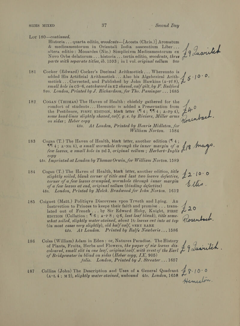 181 182 183 184 185 186 187 Historia... quarta editio, woodcuts—[ Acosta (Chris.)] Aromatum &amp; medicamentorum in Orientali India nascentium Liber. altera editio: Monardes (Nic.) Bleep Medicamentorum ex teat Novo Orbe delatorum ... historia... tertia editio, woodcuts, three parts with separate titles, 7b. 1593; in 1 vol. original vellum 8v0 added His Artificial Arithmetick... Also his Algebraical Arith- metick ... Corrected, and Published by John Hawkins (A-Ff 8), small hole in c5-6, catchword in £2 shaved, calf gilt, by F. Bedford 8vo. London, Printed by J. Richardson, for Tho. Passinger ... 1685 Cocker (Edward) Cocker’s Decimal Arithmetick... Whereunto f ; 9) 5°] CoGan (‘'HomMAS) The Haven of Health: chiefely gathered for the comfort of students... Hereunto is added a Preseruation Ny O the Pestilence, FIRST. EDITION, black letter (14; 1914; a—pp 4), He some head- lines slightly shaved, calf, g.e. by Riviere, Miller arms D auntok. on sides; Heber copy 4to. At London, Printed by Henrie Midleton, for William Norton. 1584 Cogan (T.) The Haven of Health, black letter, another edition (1 4; 114; a-Nn 4), a small wormhole through Hee inner margin of a AB. few leaves, a small hole in Dd 3, original vellum ; Herbert—Inglis copy Cogan (T.) The Haven of Health, black letter, another edition, title 4 -10°0 slightly soiled, blank corner of title and last two leaves defective, 2 corner of a few leaves crumpled, wormhole through inner margin 4 f, of a few leaves at end, original vellum (binding defective) A 4to. London, Printed by Melch. Bradwood for Iohn Norton. 1612 Instrvetion to Princes to keepe their faith and promise. . . trans- lated out of French... by Sir Edward Hoby, Knight, First EDITION (Collation: 16; a-P 8; Q6, last leaf blank), title some- Qe / what soiled, slightly water-stained, about 10 leaves cut into at top ‘ (in most cases very slightly), old half calf, vRRY RARE 4to. At London. Printed by Ralfe Newberie...1586 Coles (William) Adam in Eden: or, Natures Paradise. The History of Plants, Fruits, Herbs and Flowere the paper of six leaves dis- sas af Las coloured, small SA in one leaf, originalcalf, with crest wy the Karl ey of Br idgewater in blind on sides (Heber copy, LX, 905) folio. London, Printed by J. Streater ...1657 Coignet (Matt.) Politiqve Discovrses vpon Trveth and Lying. An 7% Collins (John) The Description and Uses of a General Quadrant 4y. 10°0 (a-L 4; M2), slightly water-stained, unbound 4to. London, 1658 | :