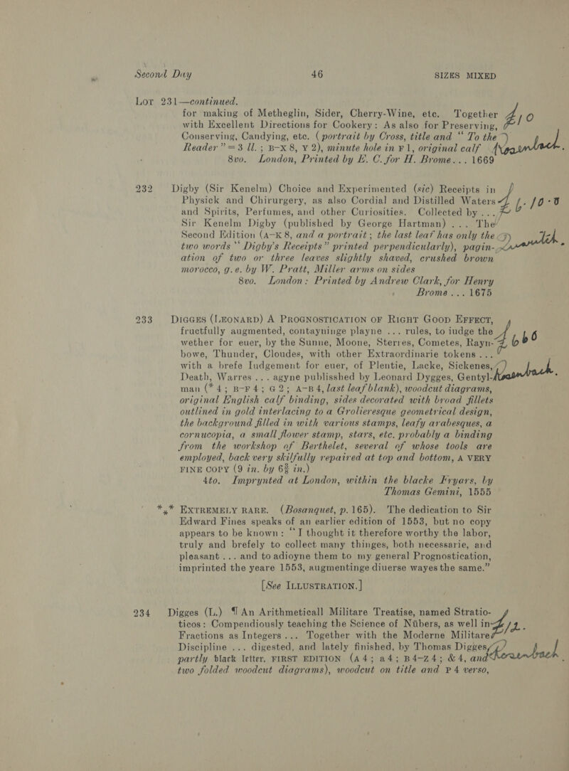 9) to for making of Metheglin, Sider, Cherry-Wine, ete. Together Z O with Excellent Directions for Cookery: As also for Preserving, Conserving, Candying, etc. ( portrait by Cross, title and ‘‘ To the i Reader” =3 ll. ; B-x 8, Y 2), minute hole in F1, original calf 4 / Physick and Chirurgery, as also Cordial and Distilled Waters and Spirits, Perfumes, and other Curiosities. Collected by... Sir Kenelm Digby (published by George Hartman) ... The Second Edition (a-K 8, and a portrait ; the last leaf has only the >) two words ** Digby’s Receipts” printed perpendicularly), pagin-< ation of two or three leaves slightly shaved, crushed brown 8vo. London: Printed by Andrew Clark, for Henry Brome... 1675 Digby (Sir Kenelm) Choice and Experimented (sic) Receipts nd b- /0 -o / fructfully augmented, contayninge playne ... rules, to iudge the wether for euer, by the Sunne, Moone, Sterres, Cometes, Rayn- bowe, Thunder, Cloudes, with other Extraordinarie tokens... with a brefe Iudgement for euer, of Plentie, Lacke, Siok eee Death, Warres ... agyne publisshed by Leonard Dygges, Gentyl- ‘ man (*4; B-F4; G62; A-B4, last leaf blank), woodcut diagrams, original English calf binding, sides decorated with broad fillets outlined in gold interlacing to a Grolieresque geometrical design, the background filled in with various stamps, leafy arabesques, a cornucopia, a small flower stamp, stars, etc. probably a binding trom the workshop of Berthelet, several of whose tools are employed, back very skilfully repaired at top and bottom, A VERY FINE Copy (9 in. by 62 in.) 4to. Imprynted at London, within the blacke Fryars, by Thomas Gemini, 1555 * EXTREMELY RARE. (Bosanquet, p.165). The dedication to Sir appears to be known: “I thought it therefore worthy the labor, truly and brefely to collect many thinges, both necessarie, and pleasant... and to adioyne them to my general Prognostication, imprinted the yeare 1553, augmentinge diuerse wayes the same.” DiaGcEs (LEONARD) A PROGNOSTICATION OF Ricgnut Goop ed Digges (L.) An Arithmeticall Militare Treatise, named Stratio- ticos: Compendiously teaching the Science of Nibers, as well ingly E Fractions as Integers... Together with the Moderne Militare Discipline ... digested, and lately finished, by Thomas Diskesef? partly black letter, FIRST EDITION (A4; a4; B4-24; &amp;4, an two folded woodcut diagrams), woodcut on title and P 4 verso,