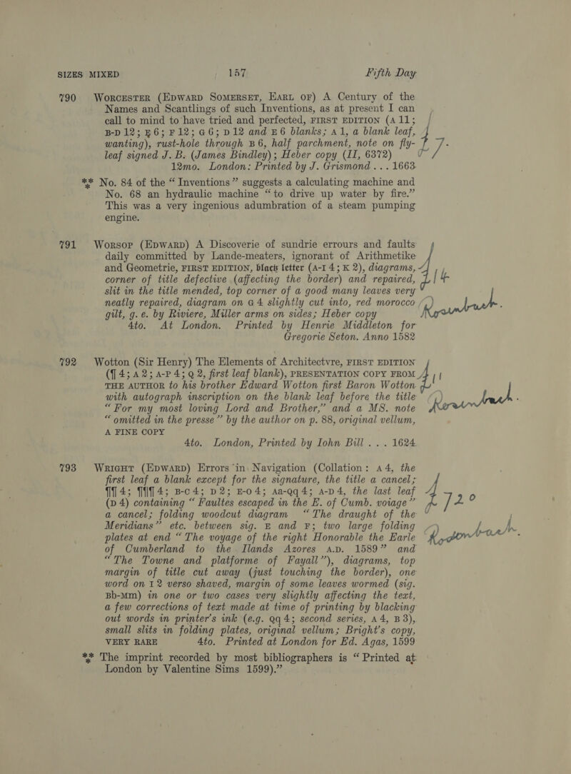 790 Worcester (Epwarp Somerset, Haru or) A Century of the Names and Scantlings of such Inventions, as at present I can call to mind to have tried and perfected, FIRST EDITION (A 11; B-D 12; 46; F12;46;D12 and £6 blanks; al, a blank leaf, wanting), rust-hole through B6, half parchment, note on fly- ye leaf signed J. B. (James Bindley); Heber copy (II, 6372) 12mo. London: Printed by J. Grismond .. . 1663 ** No. 84 of the “ Inventions” suggests a calculating machine and No. 68 an hydraulic machine “to drive up water by fire.” This was a very ingenious adumbration of a steam pumping engine. %91 Worsopr (Epwarp) A Discoverie of sundrie errours and faults daily committed by Lande-meaters, ignorant of Arithmetike and Geometrie, FIRST EDITION, black letter (A-I 4; K 2), diagrams, ~ corner of title defective (affecting the border) and repaired, [ f- slit in the title mended, top corner of a good many leaves very neatly reparred, diagram on G4 slightly cut into, red morocco an loake gilt, g.e. by Rwiere, Miller arms on sides; Heber copy 4to. At London. Printed by Henrie Middleton for Gregorie Seton. Anno 1582 792 Wotton (Sir Henry) The Elements of Architectvre, FIRST EDITION (74; 42; 4-P 4; Q 2, first leaf blank), PRESENTATION COPY FROM _/ it THE AUTHOR to his brother Edward Wotton first Baron Wotton with autograph inscription on the blank leaf before the title Rerintrrh “For my most loving Lord and Brother,’ and a MS. note “ omitted in the presse” by the author on p. 88, original vellum, A FINE COPY 4to. London, Printed by Iohn Bill .. . 1624 793 Wricut (Epwarp) Errors ‘in. Navigation (Collation: a4, the first leaf a blank except for the signature, the title a cancel; 194; 14; Bo4; D2; E04; aa-eq4; a-p4, the last leaf ~ (Dp 4) containing “ Faultes escaped in the E. of Cumb. voiage” /2 a cancel; folding woodcut diagram “The draught of the “ : Meridians” etc. between sig. E and F; two large folding ihe plates at end “The voyage of the right Honorable the Earle Rydon bor ; of Cumberland to the Ilands Azores A.D. 1589” and “The Towne and platforme of Fayall’”), diagrams, top margin of title cut away (just touching the border), one word on 12 verso shaved, margin of some leaves wormed (sig. Bb-Mm) in one or two cases very slightly affecting the tect, a few corrections of text made at time of printing by blacking out words in printer's ink (e.g. Qq 4; second series, A4, B3), small slits in folding plates, original vellum; Bright's copy, VERY RARE 4to. Printed at London for Ed. Agas, 1599 ** The imprint recorded by most bibliographers is “ Printed at: London by Valentine Sims 1599).”