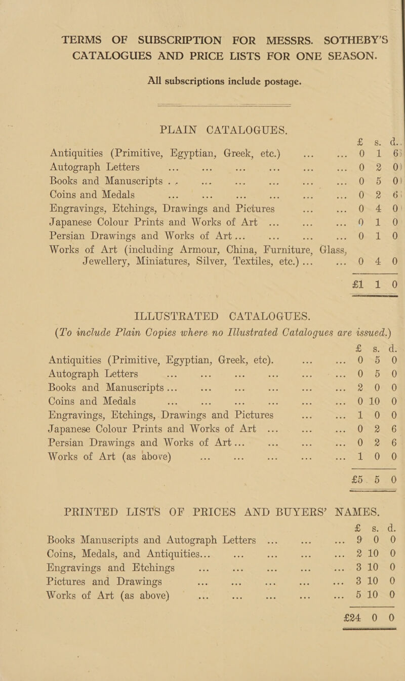 TERMS OF SUBSCRIPTION FOR MESSRS. SOTHEBY’S CATALOGUES AND PRICE LISTS FOR ONE SEASON. All subscriptions include postage.  PLAIN CATALOGUES. Antiquities (Primitive, eae Greek, etc.) Autograph Letters ee Ps Books and Manuscripts . Coins and Medals Engravings, Ktchings, Trane ctl Bienes: Japanese Colour Prints and Works of Art Persian Drawings and Works of Art.. Works of Art (including Armour, Ohi invents Glass Jewellery, Miniatures, Silver, Textiles, etc.) .. a ke ae Sago Og Oo aoe ee PB a OF a HF  [bEUSTRA TE Dear AnOG Wiis: (Lo mclude Plain Copies where no Illustrated Catalogues are issued.) Antiquities (Primitive, fees Greek, oa Persian Drawings and Works of Art... Works of Art (as above) | th Or Or a) PRINTED LISTS OF PRICES AND BUYERS’ NAMES, = eed Pet Books Manuscripts and Autograph Letters FSU) Coins, Medals, and Antiquities... : 8 ae ett Ome Engravings and Htchings ae aT a ne ek On LOS Pictures and Drawings 3810 0 5 10 0 Works of Art (as above)  SOOK COCO oe