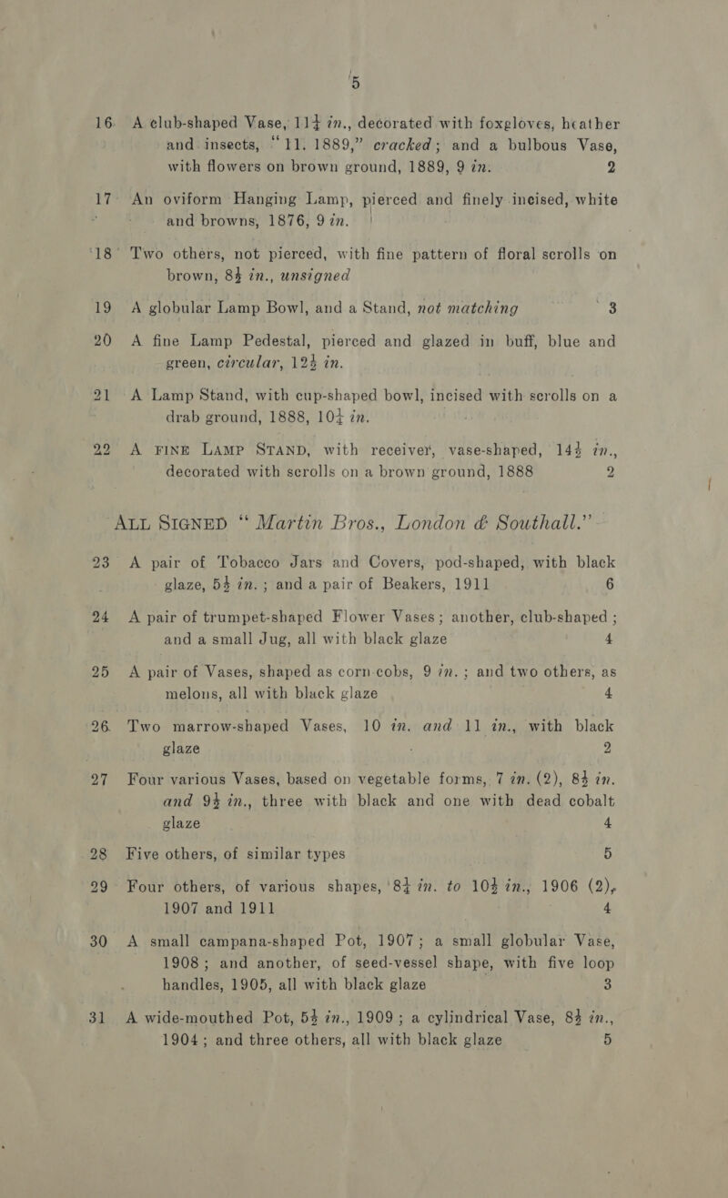 16. A elub-shaped Vase, 114 7n., decorated with foxgloves, heather and. insects, “11. 1889,” cracked; and a bulbous Vase, with flowers on brown ground, 1889, 9 zn. 2 17. An oviform Hanging Lamp, pierced and finely incised, white and browns, 1876, 97n. | ‘18° Two others, not pierced, with fine pattern of floral scrolls on brown, 84 in., unsigned 19 A globular Lamp Bowl, and a Stand, not matching ah 20 A fine Lamp Pedestal, pierced and glazed in buff, blue and green, circular, 124 in. 21 A Lamp Stand, with cup-shaped bowl, incised with scrolls on a drab ground, 1888, 10+ in. 22 &lt;A ¥FinE LAMP STAND, with receiver, vase-shaped, 144 in., decorated with serolls on a brown ground, 1888 2 ALL SIGNED ‘“‘ Martin Bros., London &amp; Southall.” 23 A pair of Tobacco Jars and Covers, pod-shaped, with black glaze, 54 in. ; and a pair of Beakers, 1911 6 24 &lt;A pair of trumpet-shaped Flower Vases; another, club-shaped ; and a small Jug, all with black glaze 4 25 &lt;A pair of Vases, shaped as corn-cobs, 9 iv. ; and two others, as melous, all with black glaze 4 26 Two marrow-shaped Vases, 10 in. and 11 in., with black glaze 2 27 Four various Vases, based on vegetable forms, 7 7m. (2), 84 in. and 9% %in., three with black and one with dead cobalt glaze ) 4 28 Five others, of similar types 5 299 Four others, of various shapes, ‘8{ in. to 104 in., 1906 (2), 1907 and 1911 4 30 &lt;A small campana-shaped Pot, 1907; a small globular Vase, 1908 ; and another, of seed-vessel shape, with five loop handles, 1905, all with black glaze 3 31 A wide-mouthed Pot, 5% in., 1909; a cylindrical Vase, 84 in., 1904; and three others, all with black glaze 5