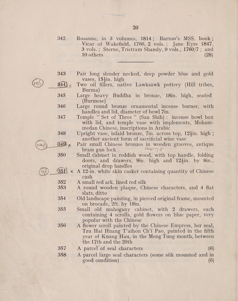 357 358 20 Rosanne, in 3 volumes, 1814; Barton’s MSS. book; Vicar of Wakefield, 1766, 2 vols.; Jane Eyre 1847, 3 vols.; Sterne, Tristram Shandy, 9 vols., 1760/7 ; and 10 others (28) Pair long slender necked, deep powder blue and gold vases, 154in. high Two oil fillers, native Lawksawk pottery (Hill tribes, Burma) Large heavy Buddha in bronze, 18in. high, seated (Burmese) Large round bronze ornamental incense burner, with handles and lid, diameter of bowl 7in. Temple “‘ Set of Three’’ (San Shih): incense bowl box with lid, and temple vase with implements, Moham- medan Chinese, inscriptions in Arabic Upright vase, inlaid bronze, 7in. across top, 124in. high ; another ancient form of sacrificial wine vase Pair small Chinese bronzes in wooden grooves, antique brass gun lock loin Small cabinet in reddish wood, win top handle, folding doors, and drawers, Qin. high and 124in. by” 8in., original drop handles A 12-in. white skin casket containing quantity of Chinese cash A small red ark, lined red silk A round wooden plaque, Chinese characters, and 4 flat slats, ditto Old landscape painting, in pierced original frame, mounted on brocade, 2ft. by 19in. Small old mahogany cabinet, with 2 drawers, each containing 4 scrolls, gold flowers on blue paper, very popular with the Chinese A flower scroll painted by the Chinese Empress, her seal, Tzu Hai Huang T’aihon Ch’i Pao, painted in the fifth year of Kuang Hau, in the Meng Tung month, between the 17th and the 20th A parcel of seal characters | (6) A parcel large seal characters (some silk mounted and in