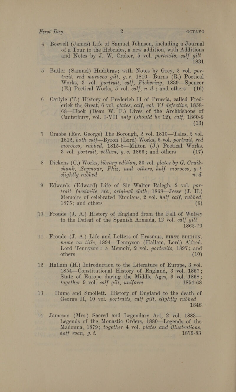 First Day 2 OCTAVO 4 Boswell (James) Life of Samuel Johnson, including a Journal of a Tour to the Hebrides, a new addition, with Additions and Notes by J. W. Croker, 5 vol. portraits, calf gilt 1831 Butler (Samuel) Hudibras; with Notes by Grey, 2 vol. por- trait, red morocco gilt, g.e. 1810—Burns (R.) Poetical Works, 3 vol. portrait, calf, Pickering, 1839—Spencer (E.) Poetical Works, 5 vol. calf, n.d.; and others (16) Or 6 Carlyle (T.) History of Frederich IIT of Prussia, called Fred- erick the Great, 6 vol. plates, calf, vol. VI defectwe, 1858- 68—Hook (Dean W. F.) Lives of the Archbishops of Canterbury, vol. I-VII only (should be 12), calf, 1860-8 (13) +3 Crabbe (Rev. George) The Borough, 2 vol. 1810—Tales, 2 vol. 1812, both calf—Byron (Lord) Works, 6 vol. portrait, red morocco, rubbed, 1815-8—Milton (J.) Poetical Works, 3 vol. portrait, vellum, g.e. 1866; and others (17) 8 Dickens (C.) Works, library edition, 30 vol. plates by G. Cruik- shank, Seymour, Phiz, and others, half morocco, q. t. slightly rubbed n.d 9 Edwards (Edward) Life of Sir Walter Ralegh, 2 vol. por- trait, facsimile, etc., original cloth, 1868—Jesse (J. H.} Memoirs of celebrated Etonians, 2 vol. half calf, rubbed, 1875; and others (6) 10 Froude (J. A.) History of England from the Fall of Wolsey to the Defeat of the Spanish Armada, 12 vol. calf gilt 1862-70 11 Froude (J. A.) Life and Letters of Erasmus, FIRST EDITION, name on title, 1894—Tennyson (Hallam, Lord) Alfred, Lord Tennyson: a Memoir, 2 vol. portraits, 1897; and others (10) 12. Hallam (H.) Introduction to the Literature of Europe, 3 vol. 1854—Constitutional History of England, 3 vol. 1867; State of Europe during the Middle Ages, 3 vol. 1868; together 9 vol. calf gilt, untform 1854-68 13 Hume and Smollett. History of England to the death of George II, 10 vol. portraits, calf gut, slightly rubbed 3 1848 © 14 Jameson (Mrs.) Sacred and Legendary Art, 2 vol. 1883— Legends of the Monastic Orders, 1880—Legends of the Madonna, 1879; together 4 vol. plates and wlustrations, half roan, q. t. 1879-83