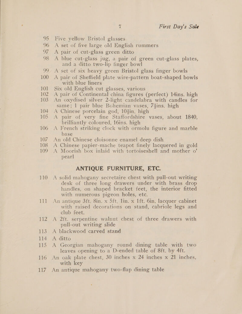 ye 96 27h 98 oo 100 101 102 103 104 105 106 107 108 109 110 itt 1£2 b13 114 5 116 7 7 First Day’s Sale Five yellow Bristol glasses A set of five large old English rummers A pair of cut-glass green ditto A blue cut-glass jug, a pair of green cut-glass plates, and a ditto two-lip finger bowl A set of six heavy green Bristol glass finger bowls A pair of Sheffield plate wire-pattern boat-shaped bowls with blue liners Six old English cut glasses, various A pair of Continental china figures (perfect) 14ins. high An oxydised silver 2-light candelabra with candles for same; 1 pair blue Bohemian vases, 7fins. high A Chinese porcelain god, 10$in. high 7 A pair of very fine Staffordshire vases, about 1840, brilliantly coloured, l6ins. high A French striking clock with ormolu figure and marble base An old Chinese cloisonne enamel deep dish A Chinese papier-mache teapot finely lacquered in gold A Moorish box inlaid with tortoiseshell and mother o’ pearl ANTIQUE FURNITURE, ETC. A solid mahogany secretaire chest with pull-out writing desk of three long drawers under with brass drop handles, on shaped bracket feet, the interior fitted with numerous pigeon holes, etc. An antique GiteSin. « 5it. fin. &amp; Mt. Gin, lacquer cabinet with raised decorations on stand, cabriole legs and club, reer, A 2ft. serpentine walnut chest of three drawers with pull-out writing slide A blackwood carved stand A ditto A Georgian mahogany round dining table with two leaves opening to a D-ended table of 8ft. by 4ft. An oak plate chest, 30 amches’ x°24 inches x 21 incfies, with key An antique mahogany two-flap dining table