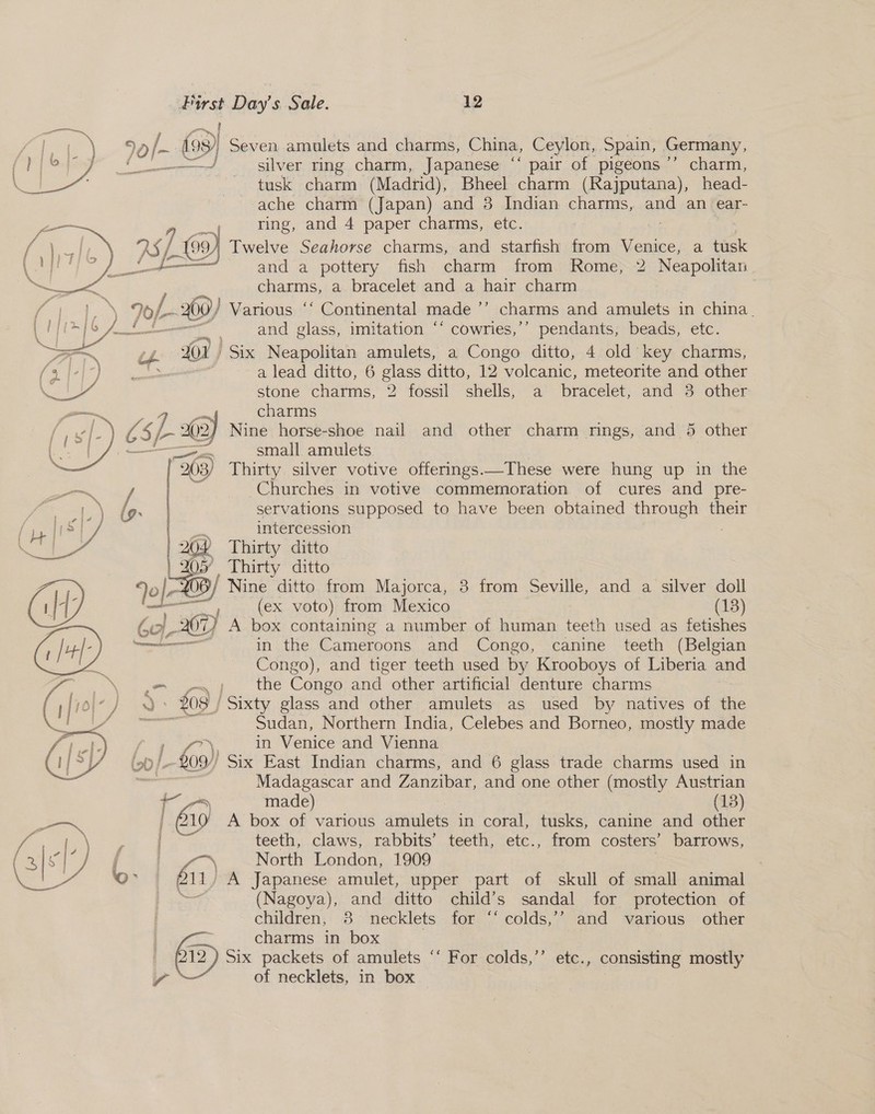 ~ | 1h Oe ) 70) /- {99) Seven amulets and charms, China, Ceylon, Spain, Germany, Pincay lee oe —]) silver ring charm, Japanese ‘‘ pair of pigeons ’’ charm, eee ~ tusk charm (Madrid), Bheel charm (Rajputana), head- ache charm (Japan) and 38 Indian charms, and an ear- ring, and 4 paper charms, etc. : Twelve Seahorse charms, and starfish from Venice, a tusk and a pottery fish charm from Rome, 2 Neapolitan charms, a bracelet and a hair charm L$) Various ‘‘ Continental made ”’ charms and amulets in china. . and glass, imitation “‘ cowries,’’ pendants, beads, etc. oa JOR Six Neapolitan amulets, a Congo ditto, 4 old key charms, a lead ditto, 6 oe ditto, 12 volcanic, meteorite and other   stone charms, 2 fossil shells, a bracelet, and 3 other q es charms 6: 3 f- 302 Nine horse-shoe nail and other charm rings, and 5 other ae small amulets 203) Thirty silver votive offerings.—These were hung up in the ae ae Churches in votive commemoration of cures and pre a Se ig. servations supposed to have been obtained through eit (py |? | J intercession Be eee Thirty ditto 05 Thirty ditto ' Nine ditto from Majorca, 3 from Seville, and a silver doll (ex voto) from Mexico (13) - met 3G) A box containing a number of human teeth used as fetishes aan in the Cameroons and Congo, canine teeth (Belgian  Congo), and tiger teeth used by Krooboys of Liberia and _~ ¥. } the Congo and other artificial denture charms - £09 / Sixty glass and other amulets as used by natives of the Sudan, Northern India, Celebes and Borneo, mostly made 7’, in Venice and Vienna (ol _ to9)) Six East Indian charms, and 6 glass trade charms used in , Madagascar and Zanzibar, and one other (mostly Austrian a) made) (13) 219 A box of various amulets in coral, tusks, canine and other  iN teeth, claws, rabbits’ teeth, etc., from costers’ barrows, ORS Be North London, 1909 fae ‘oO © A Japanese amulet, upper part of skull of small animal (Nagoya), and ditto child’s sandal for protection of children, 8 necklets for ‘‘ colds,’’ and various other bam charms in box _ (212) Six packets of amulets ‘‘ For colds,’’ etc., consisting mostly a of necklets, in box — |