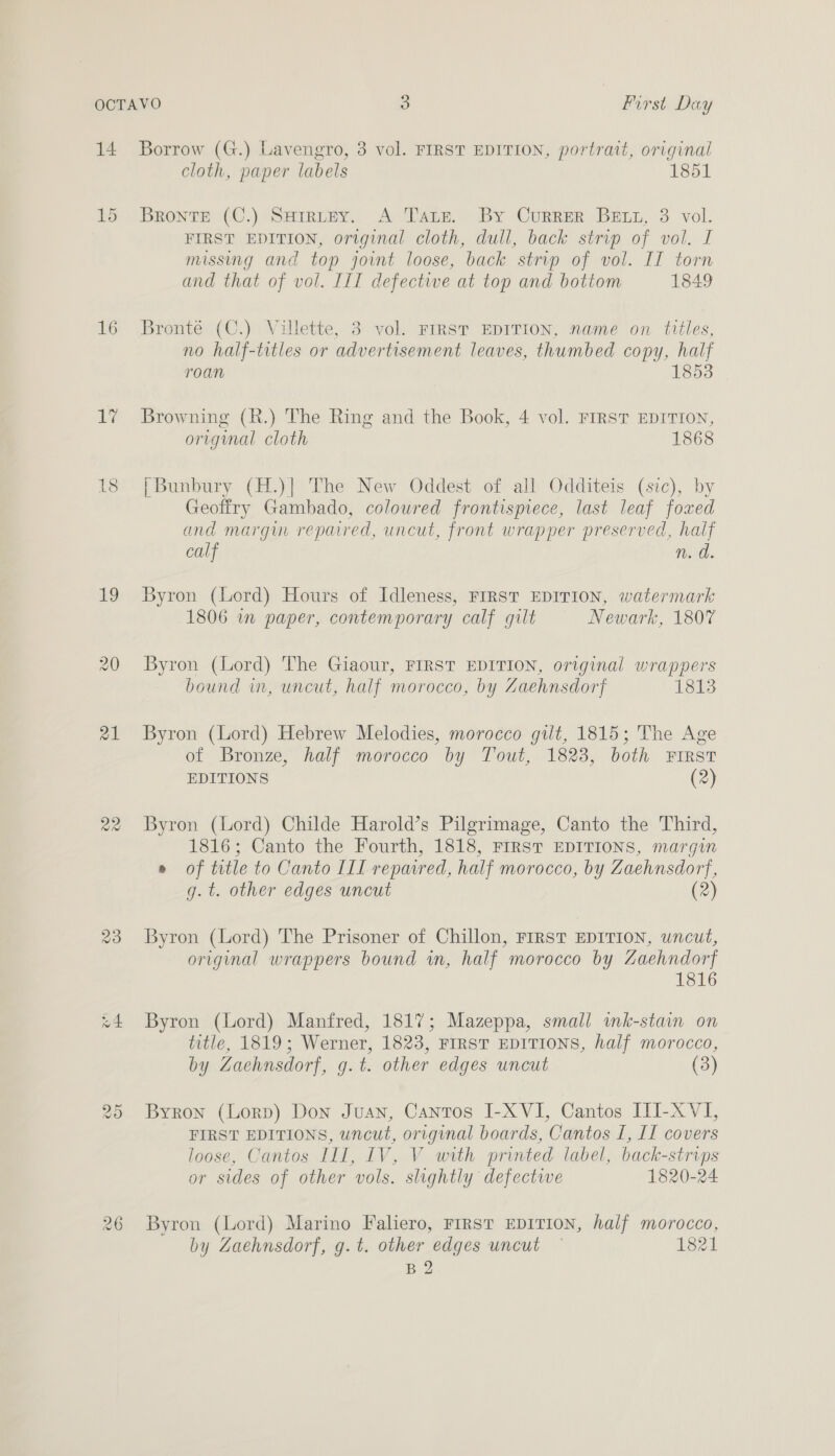 14 15 16 “4 Borrow (G.) Lavengro, 3 vol. FIRST EDITION, portrait, original cloth, paper labels 1851 Bronte (C.) Sarmuny. A Tate. By Currer Brun, 3 vol. FIRST EDITION, original cloth, dull, back strip of vol. I missing and top joint loose, back strip of vol. II torn and that of vol. III defective at top and bottom 1849 Bronte (C.) Villette, 3 vol. FIRST EDITION, name on titles, no half-titles or advertisement leaves, thumbed copy, half roan Browning (R.) The Ring and the Book, 4 vol. FIRST EDITION, original cloth 1868 [Bunbury (H.)| The New Oddest of all Odditeis (sic), by Geoffry Gambado, coloured frontispiece, last leaf foxed and margin repaired, uncut, front wrapper preserved, half calf n. d. Byron (Lord) Hours of Idleness, FIRST EDITION, watermark 1806 in paper, contemporary calf gilt Newark, 1807 Byron (Lord) The Giaour, FIRST EDITION, original wrappers bound in, uncut, half morocco, by Zaehnsdorf 1813 Byron (Lord) Hebrew Melodies, morocco gilt, 1815; The Age of Bronze, half morocco by Tout, 1823, both FIRST EDITIONS (2) Byron (Lord) Childe Harold’s Pilgrimage, Canto the Third, 1816; Canto the Fourth, 1818, FIRST EDITIONS, margin » of title to Canto III repaired, half morocco, by Zaehnsdorf, g. t. other edges uncut (2) Byron (Lord) The Prisoner of Chillon, FIRST EDITION, wncut, original wrappers bound in, half morocco by Zaehndorf 1816 Byron (Lord) Manfred, 1817; Mazeppa, small ink-stain on title, 1819; Werner, 1823, FIRST EDITIONS, half morocco, by Zaehnsdorf, g.t. other edges uncut (3) Byron (Lorp) Don Juan, Cantos I-XVI, Cantos III-X VI, FIRST EDITIONS, uncut, original boards, Cantos 1, II covers loose, Cantos III, IV, V with printed label, back-strips or sides of other vols. slightly defectwe 1820-24 Byron (Lord) Marino Falero, FIRST EDITION, half morocco, by Zaehnsdorf, g.t. other edges uncut ~ 1821 B 2