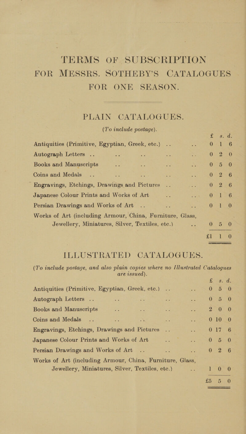 TERMS OF SUBSCRIPTION FOR MESSRS. SOTHEBY’S CATALOGUES FOR ONE SEASON.   PLAIN CATALOGUES. (T'o include postage). ee | Antiquities (Primitive, Egyptian, Greek, etc.) 0-1 6 Autograph Letters . 0-25.90 Books and Manuscripts Vee igewe Coins and Medals 02756 - Engravings, Etchings, Drawings and Pictures 0 2 a0 Japanese Colour Prints and Works of Art O dees Persian Drawings and Works of Art Bee ee Works of Art (including Armour, China, Furniture, Glass, Jewellery, Miniatures, Silver, Textiles. etc.) es 0) o- 0 Li ee ILLUSTRATED CATALOGUES. (To include postage, and also plain copies where no Illustrated Catalogues are issued). DASE Antiquities (Primitive, Egyptian, Greek, etc.) 0 5 6 Autograph Letters OS. 20 Books and Manuscripts 2 Oe Coins and Medals. 010 0 Engravings, Etchings, Drawings and Pictures O17. 4 Japanese Colour Prints and Works of Art 0 &amp; 0 Persian Drawings and Works of Art = O32 &gt; UG Works of Art (including Armour, China, Furniture, Glass, Jewellery, Miniatures, Silver, Textiles, etc.) Me | eee Re
