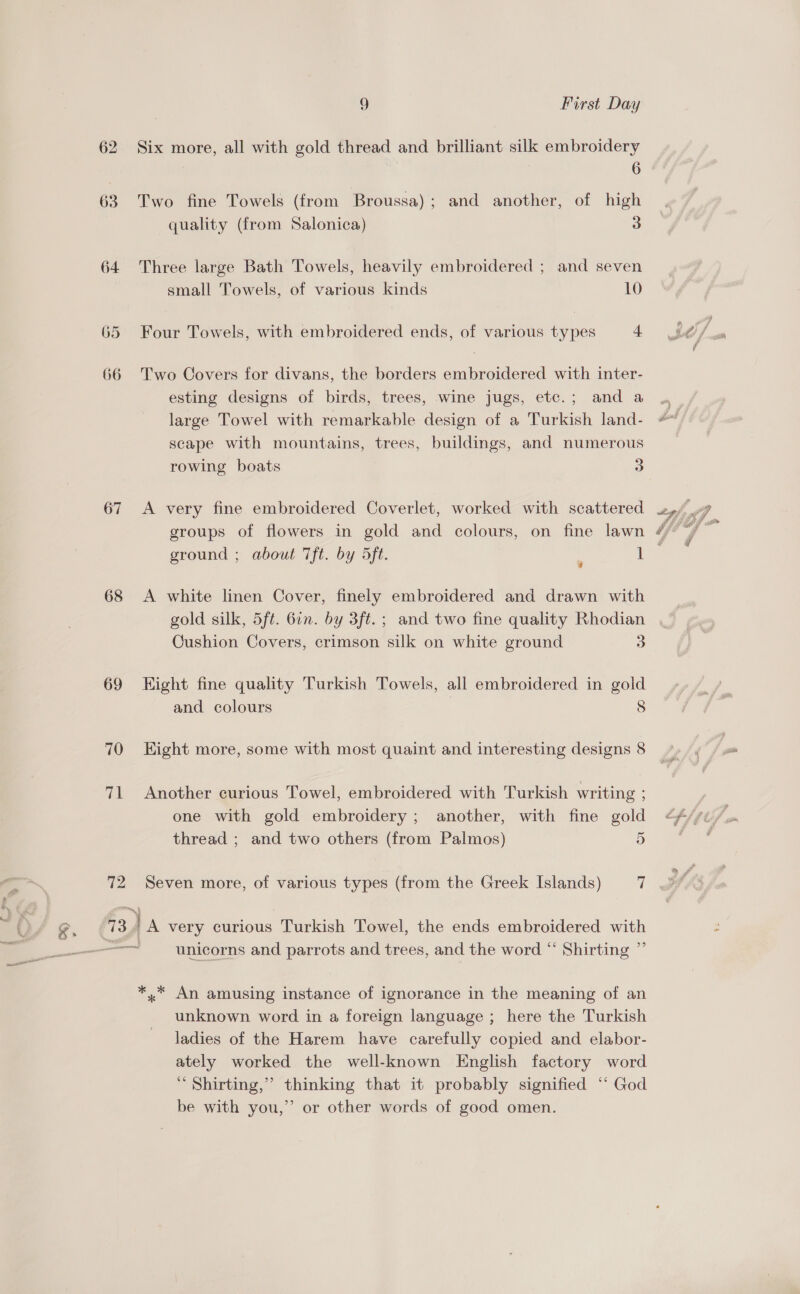 63 64 (GaP) Ou 67 68 69 70 71 72 ge, (734 9 First Day Six more, all with gold thread and brilliant silk embroidery 6 Two fine Towels (from Broussa); and another, of high quality (from Salonica) 3 Three large Bath Towels, heavily embroidered ; and seven small Towels, of various kinds 10 Four Towels, with embroidered ends, of various types 4 Two Covers for divans, the borders embroidered with inter- esting designs of birds, trees, wine jugs, etc.; and a large Towel with remarkable design of a Turkish land- scape with mountains, trees, buildings, and numerous rowing boats 3 A very fine embroidered Coverlet, worked with scattered groups of flowers in gold and colours, on fine lawn ground ; about Tft. by 5ft. 1 ¥ A white linen Cover, finely embroidered and drawn with Cushion Covers, crimson silk on white ground 3 Eight fine quality Turkish Towels, all embroidered in gold and colours 8 Eight more, some with most quaint and interesting designs 8 Another curious Towel, embroidered with Turkish writing ; one with gold embroidery ; another, with fine gold thread ; and two others (from Palmos) a) Seven more, of various types (from the Greek Islands) ie: } 1A very curious Turkish Towel, the ends embroidered with unicorns and parrots and trees, and the word “ Shirting ”’ *,* An amusing instance of ignorance in the meaning of an unknown word in a foreign language ; here the Turkish ladies of the Harem have carefully copied and elabor- ately worked the well-known English factory word * Shirting,”’ thinking that it probably signified ‘‘ God be with you,” or other words of good omen.
