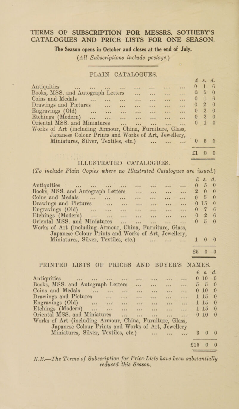 TERMS OF SUBSCRIPTION FOR MESSRS. SOTHEBY’S CATALOGUES AND PRICE LISTS FOR ONE SEASON. The Season opens in October and closes at the end of July. (All Subscriptions tnelude postaye.)   PLAIN CATALOGUES.  Eber. Antiquities &amp; Or Gis Books, MSS. and Autograph L Letters Oa Coins and Medals 0 1.6 Drawings and Pictures 0 2.0 Engravings (Old) 0 20 Ktchings (Modern) .. 02 2 Oriental MSS. and Miniatures “s Oi Se a Works of Art (including Armour, China, “Furniture, ‘Glass, Japanese Colour Prints and Works of Art, J owellery, Miniatures, Silver, Textiles, etc.) ‘ , Oe GL SOs 30 ILLUSTRATED CATALOGUES. (To include Plain Copies where no Illustrated Catalogues are issued.) | ae Pee Antiquities °° ... Mis legless eee eee ee Books, MSS. and Autograph 1 Letters 2 20278 Coins and Medals s46 >). shes eae saga ONO OnmmeD Drawings and Pictures wie hal’ — | Saag Lagan aeanee a ee Engravings (Old) OST 6 Etchings (Modern)... . 0 2 6 Oriental MSS. and Miniatures : SS Se Works of Art (including Armour, China, Furniture, “Glass, Japanese Colour Prints and Works of Art, J ewellery, Miniatures, Silver, Textiles, etc.) ae 1 “OSse £5 00 PRINTED LISTS OF PRICES AND BUYER'S NAMES. &amp; 8. ad. Antiquities se TT ee te ee, Books, MSS. and Autograph 1 Lettets ol ae Coins and Medals fos mE eM me a Drawings and Pictures was. - See! Gee S) aee 2 eapteh pace Engravings (Old) a ee ate le en Etchings (Modern) ... CMe ee Ree Oriental MSS. and Miniatures... 010 0 Works of Art (including Armour, China, “Furniture, ‘Glass, Japanese Colour Prints and Works of Art, J ewellery Miniatures, Silver, Textiles, etc.) Ee 2 O..9 £15; 0.2  N.B.—The Terms of Subscription for Price-Lists have been substantially reduced this Season.